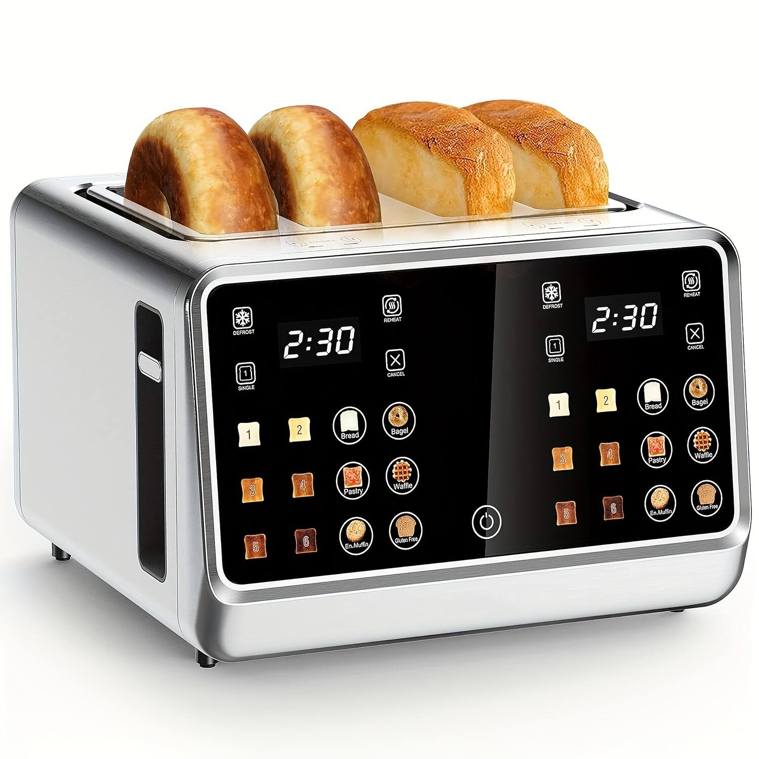 GlowWise - Toaster 4 Slice, Digital Smart Toaster with TouchScreen, Single Slot Toasting, Timer, Reheat & Defrost for Bagels - Silver