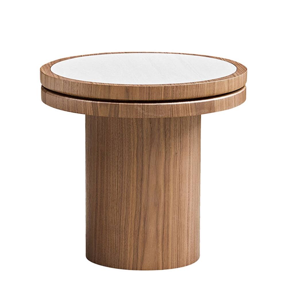Back. Loheer - Loheer 19.49 Inch Round Side Table Walnut Coffee Table Sintered Stone Tabletop MDF Pedestal Base for Living Room Bedroom - Walnut.