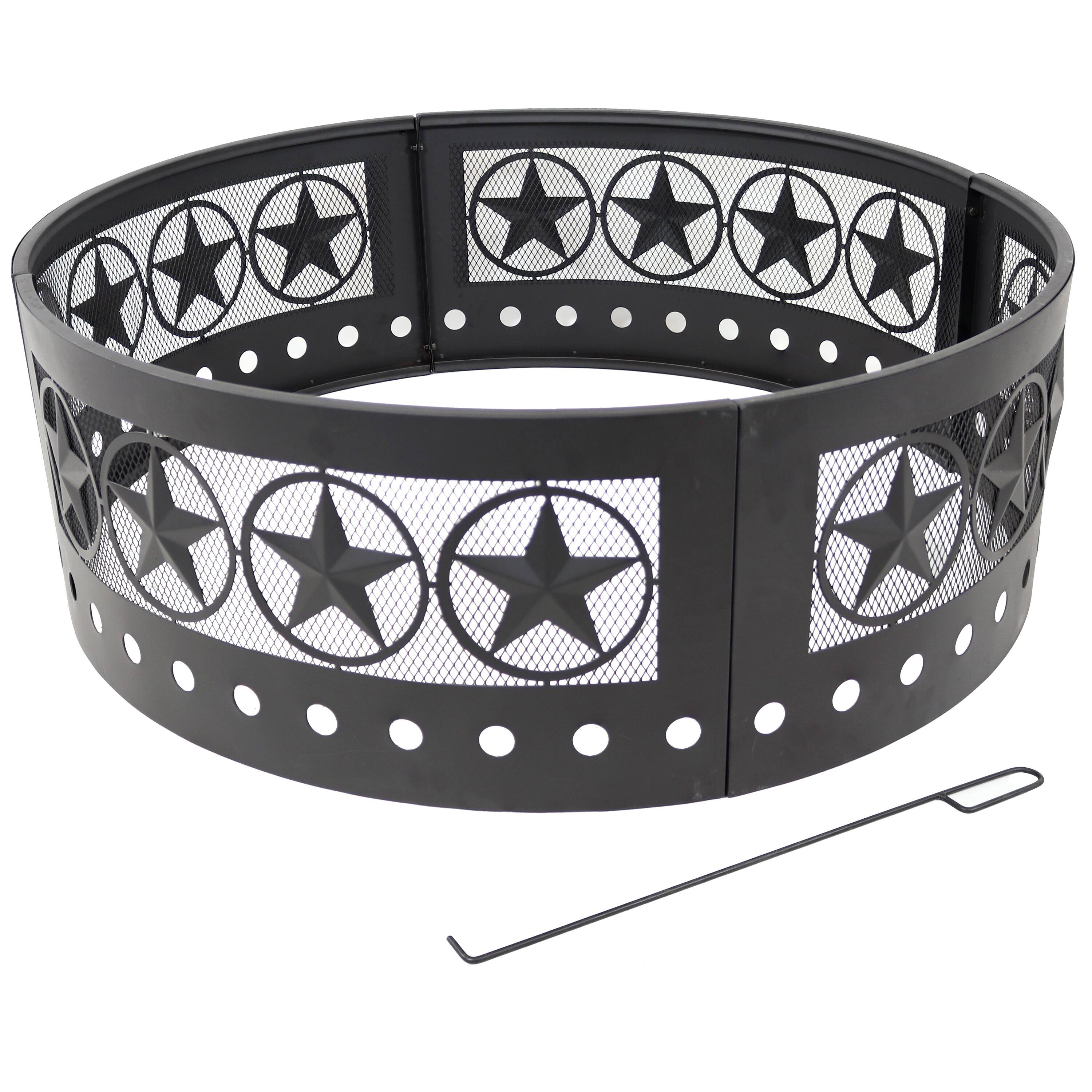 Alt View 8. Sunnydaze - 36 in Four-Star Cut-Out Wood Burning Fire Pit Ring with Poker - Black.