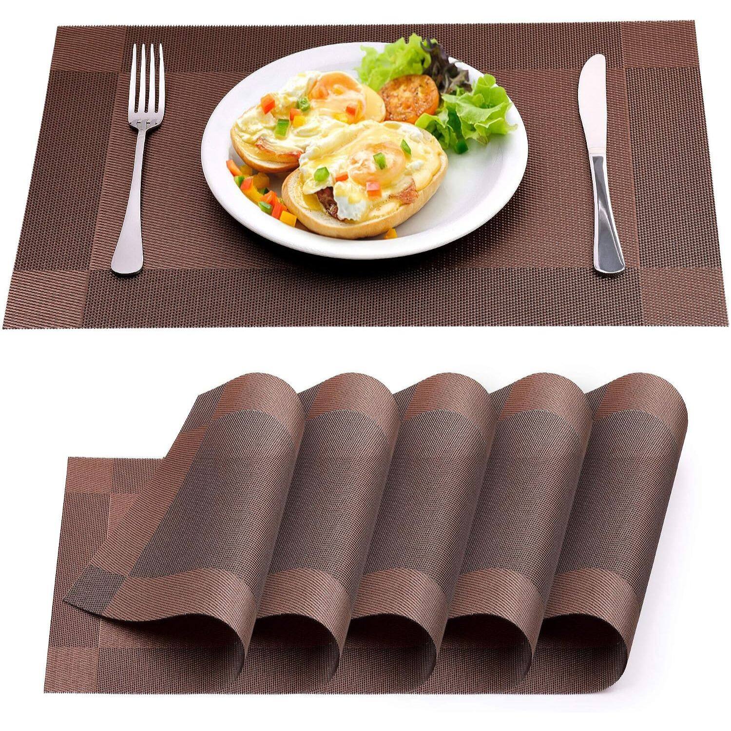 Front. Zulay Kitchen - Zulay Kitchen Vinyl Woven Placemats for Dining Table Set of 6 - Stain-Resistant & Non-Slip PVC Table Place Mats - Brown.