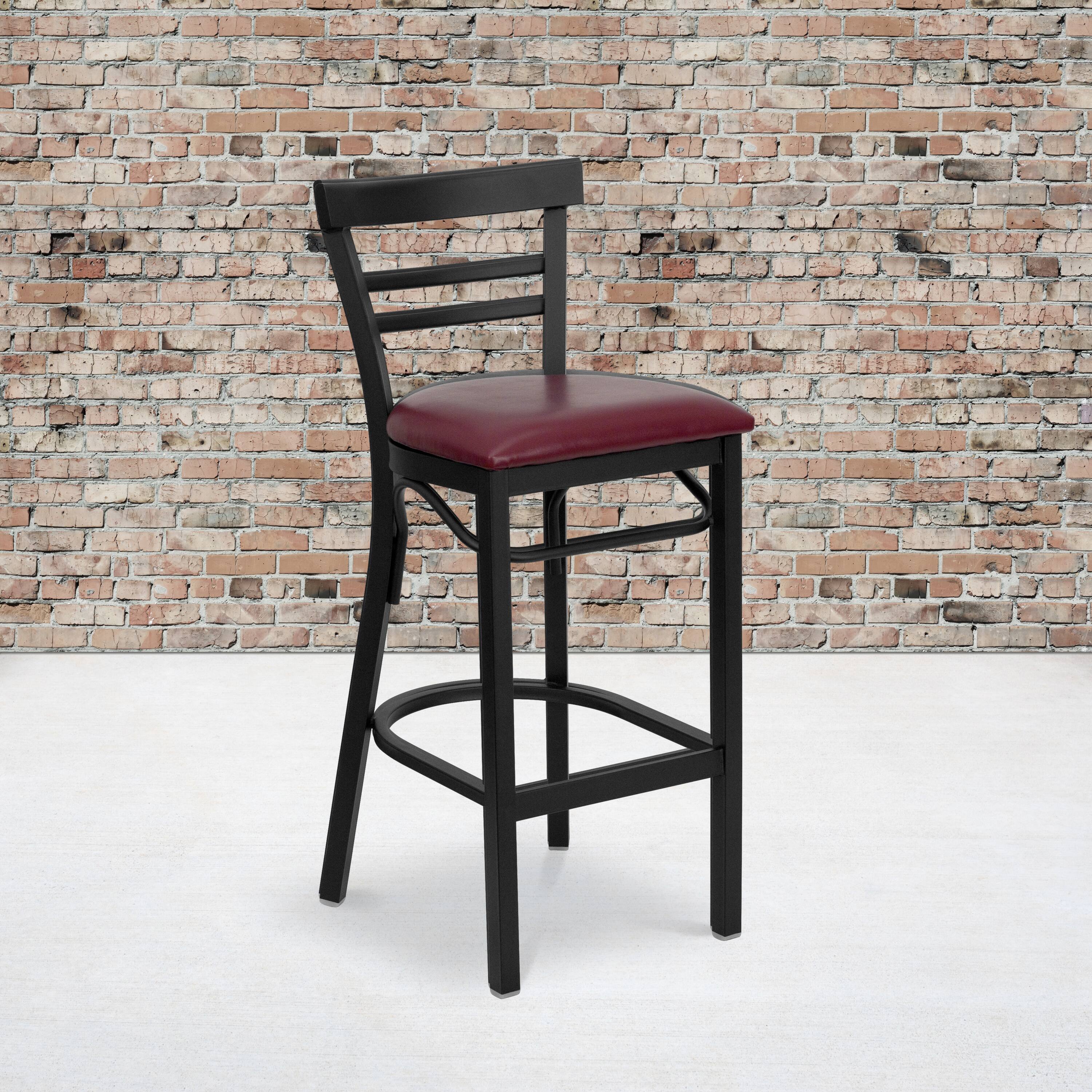 Alt View 1. Emma + Oliver - Two-Slat Ladder Back Metal Restaurant Dining Barstool - Burgundy Vinyl Seat/Black Metal Frame.