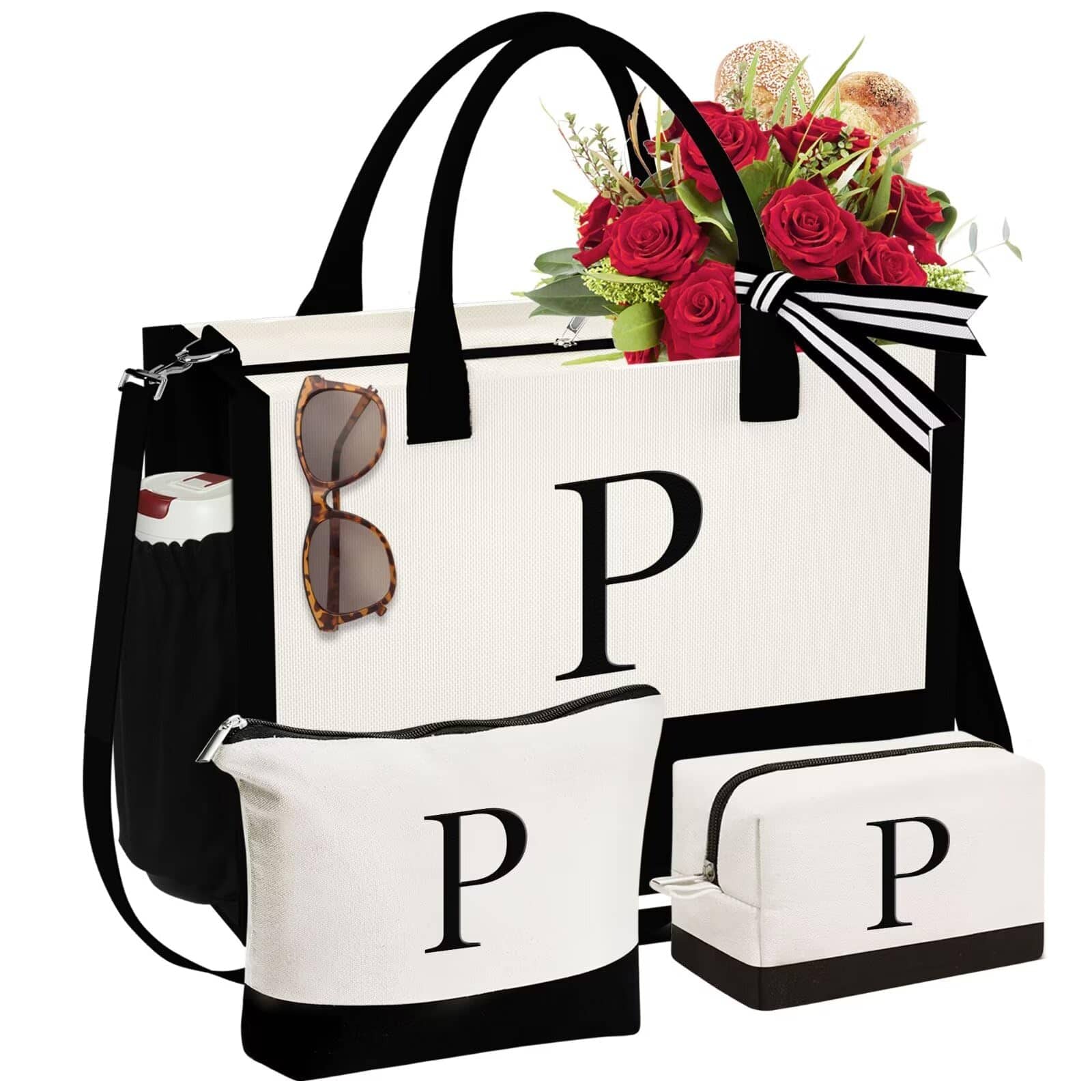 Paradigms Interiors - Initial Canvas Tote Bag & Makeup Birthday Gifts For Women Mom Sister Friends Bridesmaid Wedding - P
