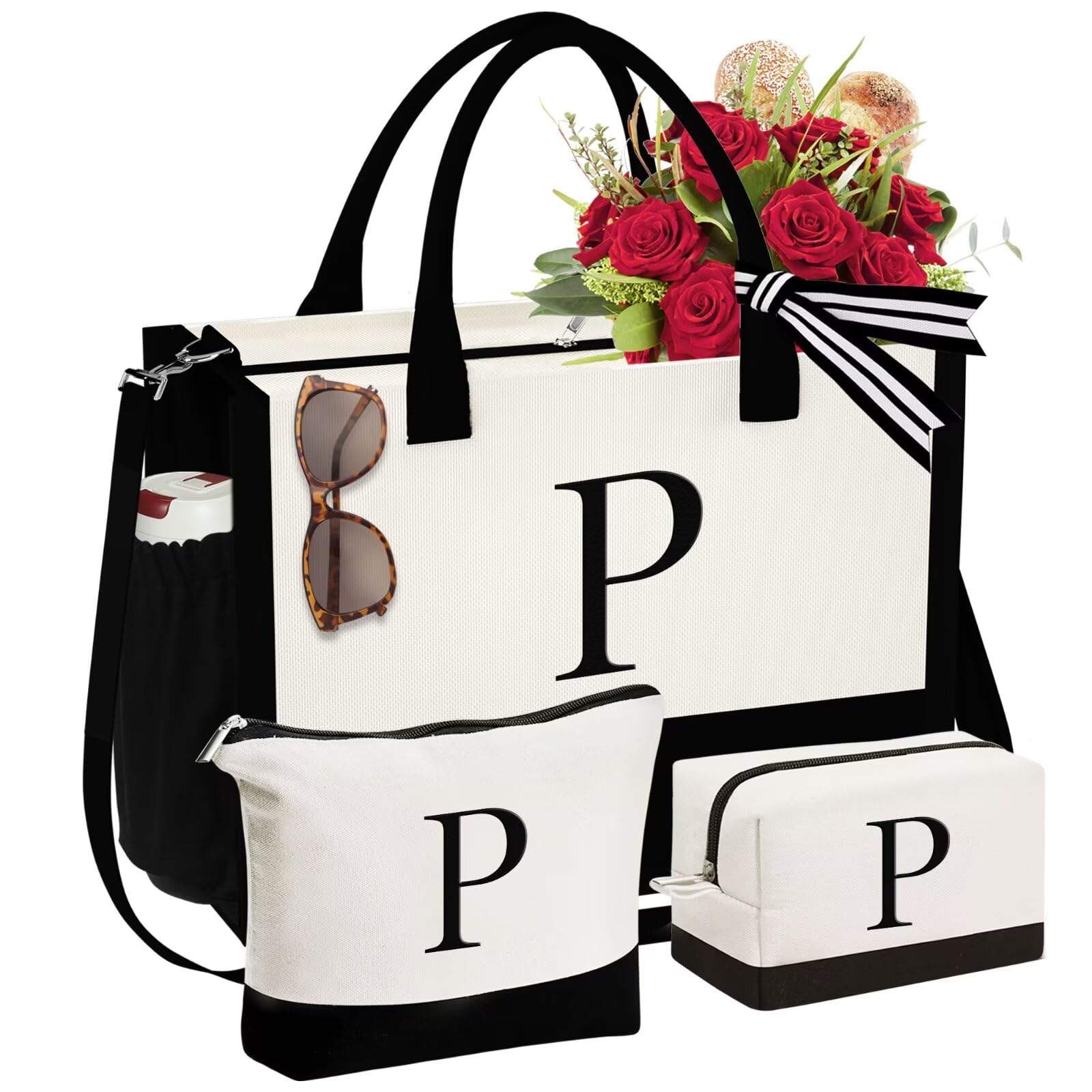 Front. Paradigms Interiors - Initial Canvas Tote Bag & Makeup Birthday Gifts For Women Mom Sister Friends Bridesmaid Wedding - P.