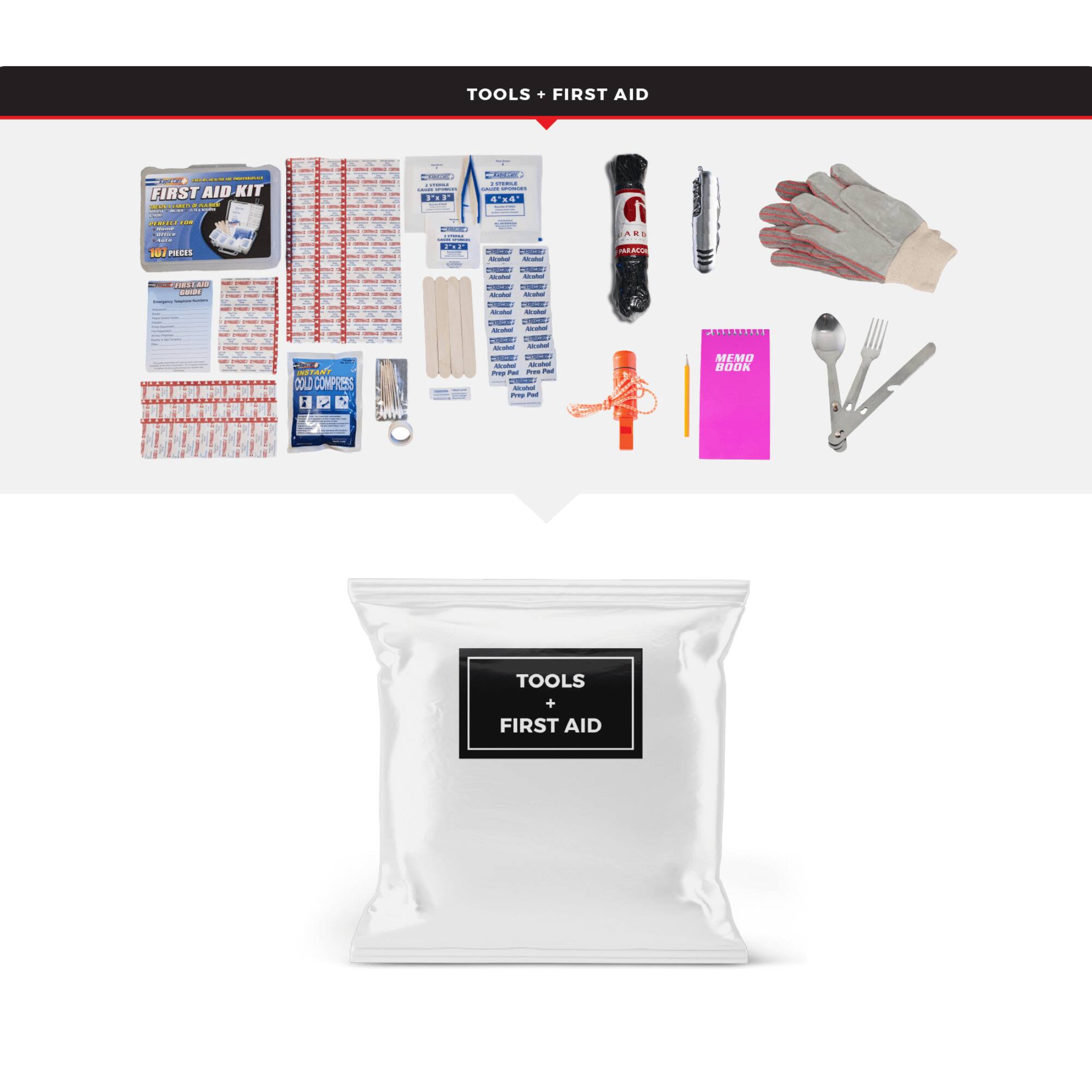 TOOLS + FIRST AID

FIRST AID KIT

107 PIECES

COLD COMPRESS

MEMO BOOK

TOOLS + FIRST AID