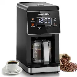 AIRMSEN - Drip Coffee Maker with Built-In Grinder, 3 Grind Settings, 5-Cup, 24-Hour Delay, Auto Keep Warm - Black