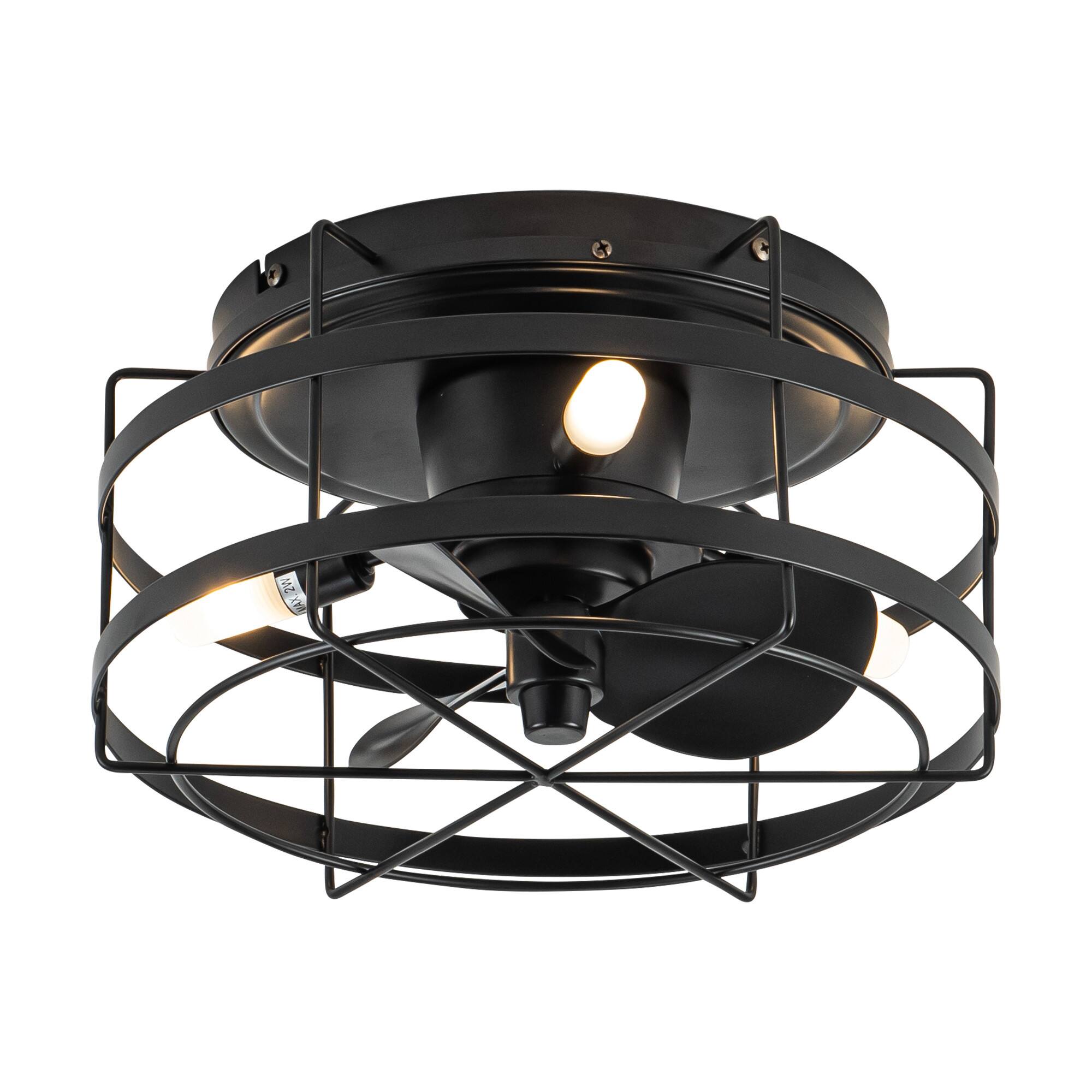 Back. Parrot Uncle - 13" Farmhouse Flush Mount Ceiling Fan with LED Light and Remote - Matte Black.