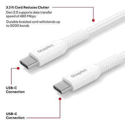 3.3 ft Cord Reduces Clutter  
Gen 2.0 supports data transfer speed of 480 Mbps  
Durable braided cord withstands up to 5000 bends  

USB-C Connection  
USB-C Connection