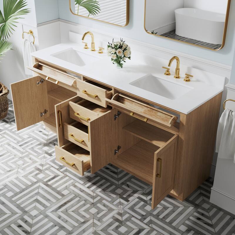 Left. WELLFOR - 72" Solid Wood Bathroom Vanity with Double Sink, 4 Soft-Close Doors, 6 Drawers& Cultured Marble Countertop - OAK.