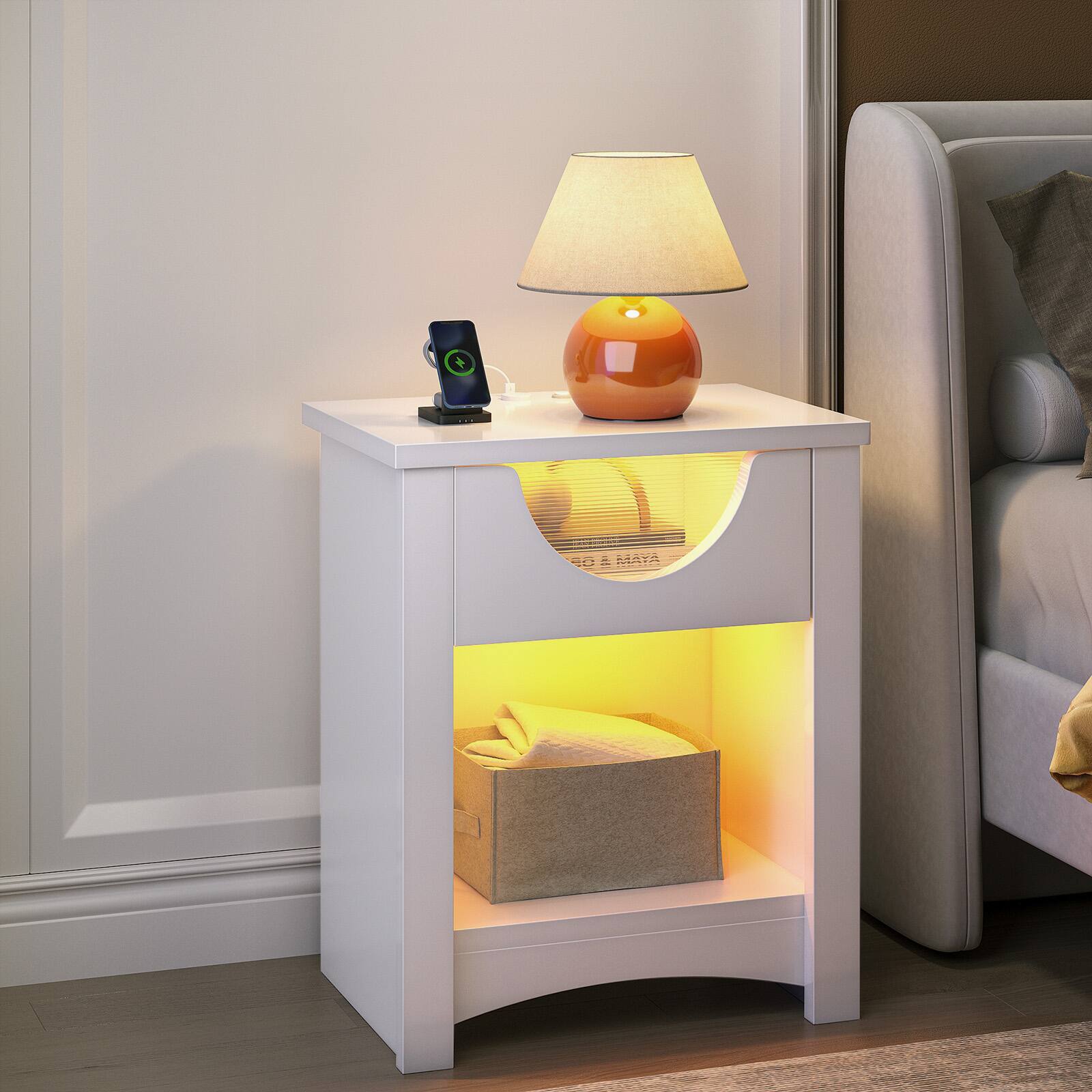 Left. Bestier - 1-Drawer Nightstand with Charging Station, Modern LED End Table Bedside Table with Open Shelf for Bedroom, Living Room - Bright White - Single.