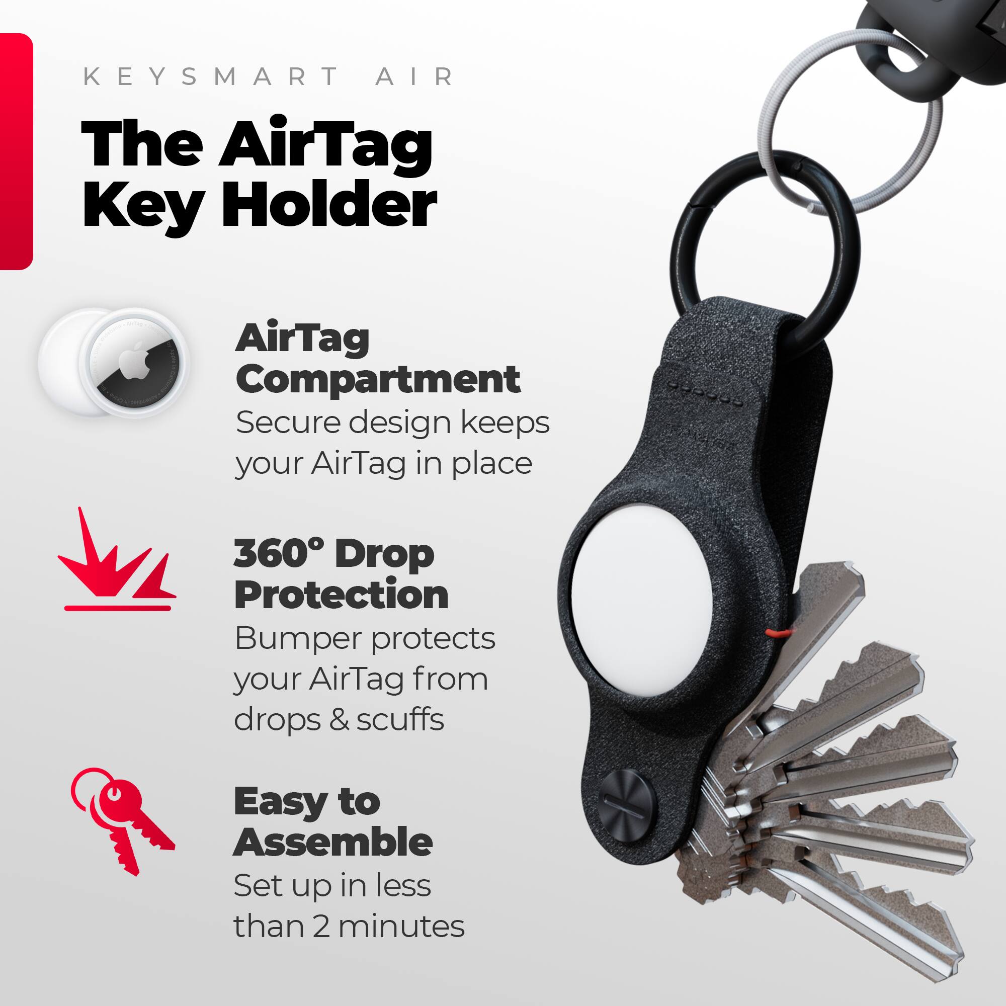 The AirTag Key Holder is a secure and easy-to-assemble solution for keeping your AirTag in place. It features a compartment specifically designed for the AirTag, providing 360 drop protection and a bumper to protect your AirTag from drops and scuffs. With the AirTag Key Holder, you can set up in less than 2 minutes and enjoy the convenience of having your AirTag readily accessible.