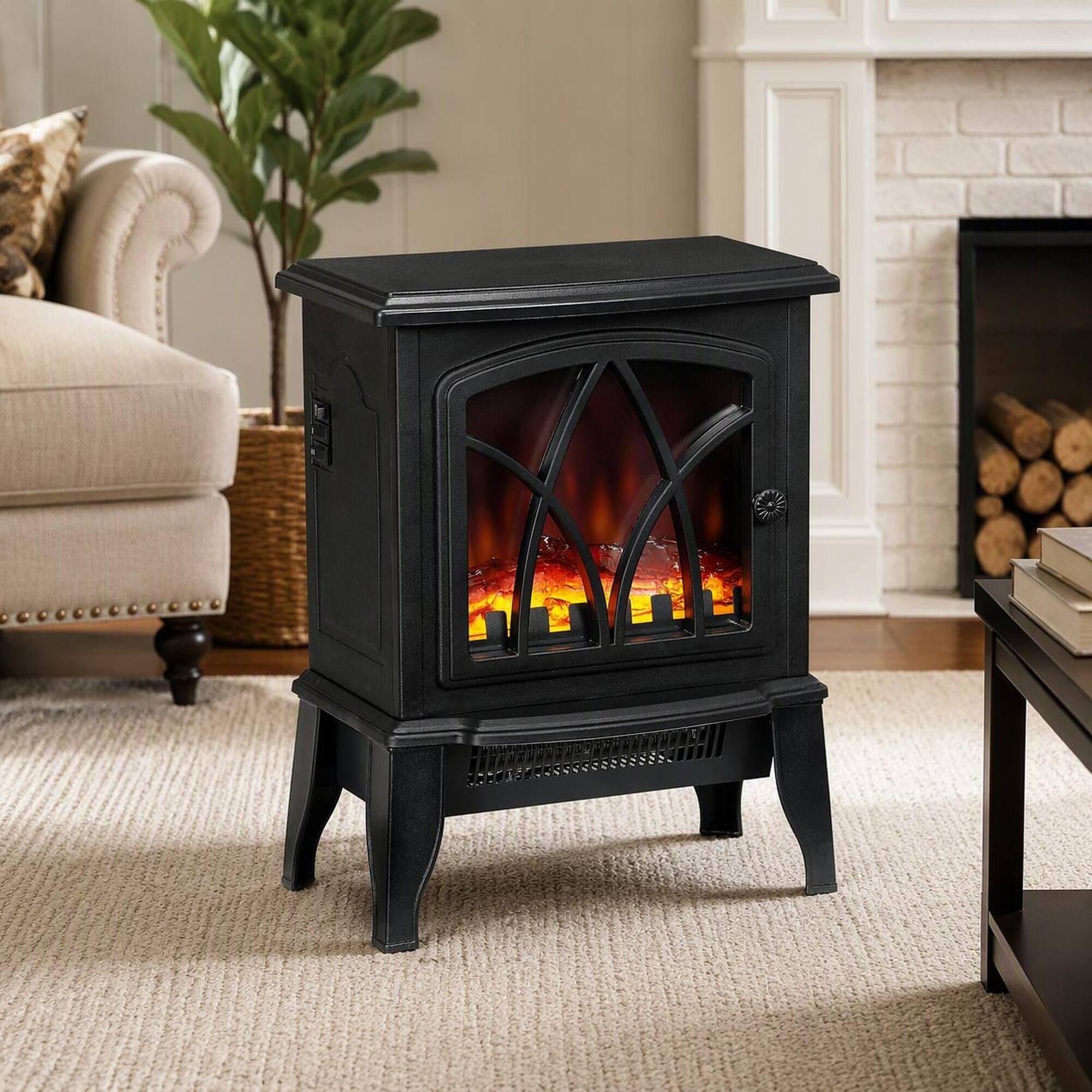 Front. RYHNUYNE - 18-Inch Freestanding Electric Fireplace Stove with Realistic Flame Effect, Adjustable 750W/1500W Heater - Black.