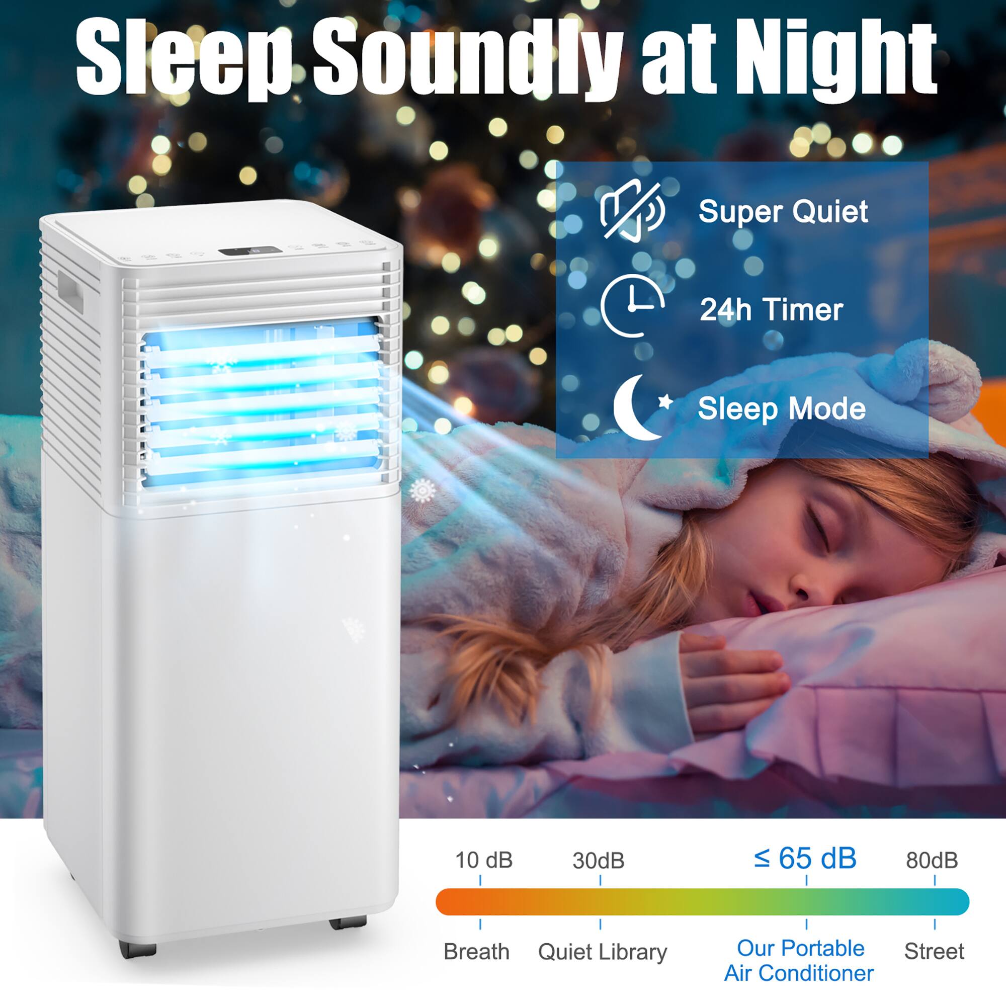 Sleep Soundly at Night: Super Quiet 24h Timer, Sleep Mode, 10 dB, 30 dB, 65 dB, 80 dB, Breath Quiet Library, Our Portable Street Air Conditioner.
