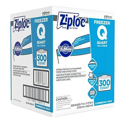 Sure, here is the corrected and grouped text from the image:

---

**Ziploc Freezer Bags**

- **Brand:** Ziploc
- **Type:** Freezer
- **Size:** Quart (1.75 Liters)
- **Count:** 300
- **Features:**
  - Grip 'n Seal Technology
  - Write-On Label
- **Usage:** Store, protect, and transport food and other items
- **Material:** Manufactured to meet FDA food contact requirements
- **Dimensions:** 7-3/8 in x 7-7/16 in (18.7 cm x 18.8 cm)
- **Packaging:** Commercial pack
- **Barcode:** 0 710873 19800 0
- **UPC:** 0 710873 19800 0
- **CAUTION:** For commercial use

**Additional Information:**
- **Product Number:** 75173
- **Store:** East
- **Distributed by:** SC Johnson
- **Address:** 1000 N. Riverside Pkwy, P.O. Box 360