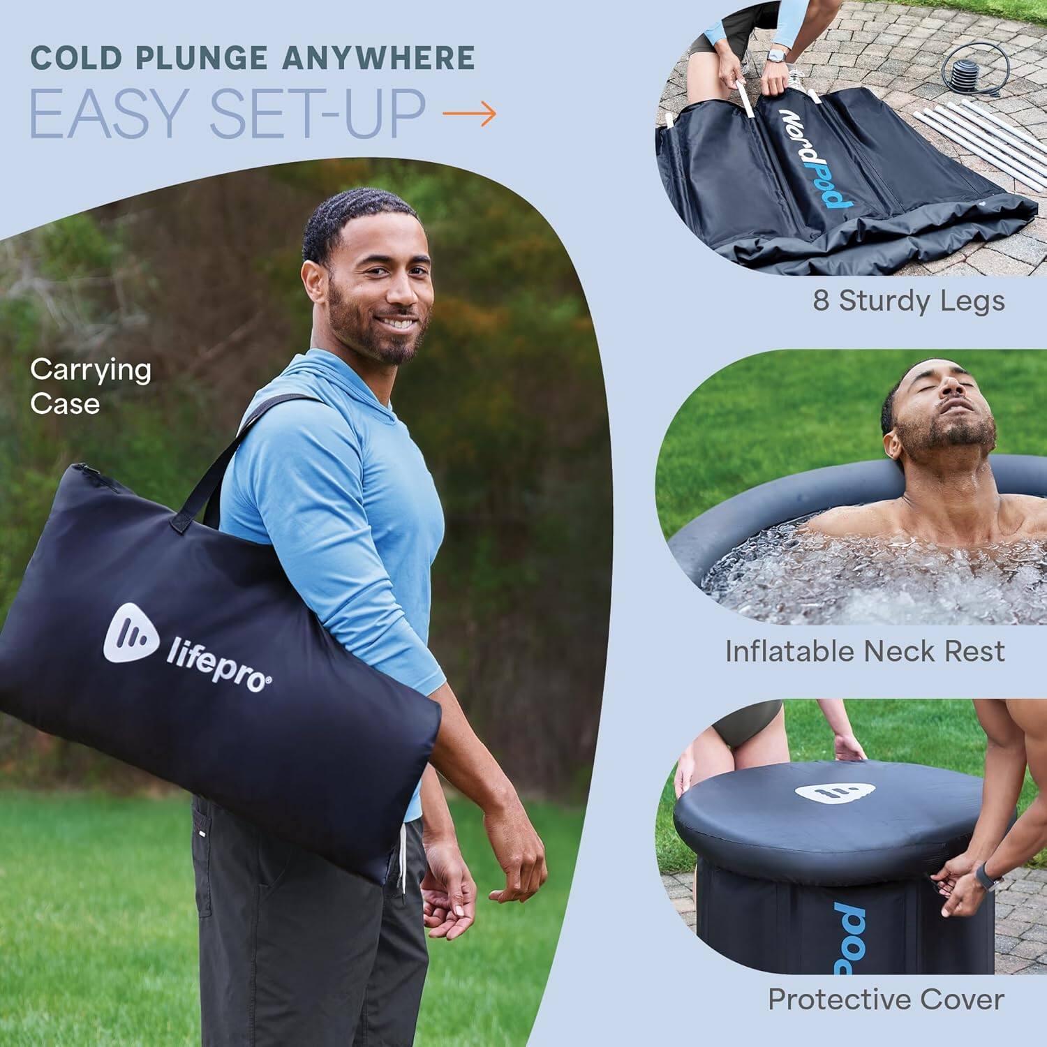 COLD PLUNGE ANYWHERE  
EASY SET-UP  

- Carrying Case  
- 8 Sturdy Legs  
- Inflatable Neck Rest  
- Protective Cover  

NordPod 8  
life pro