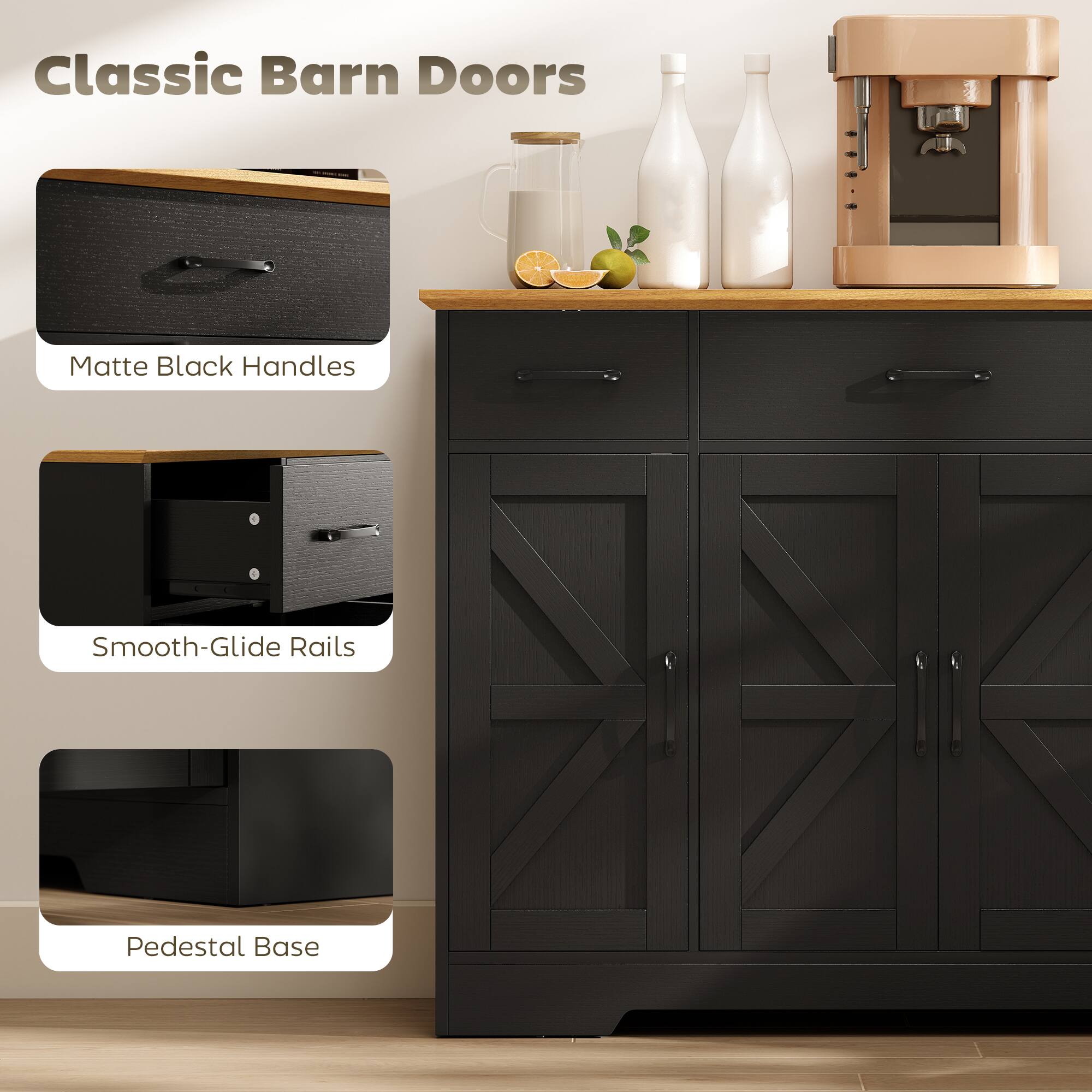 Classic Barn Doors Matte Black Handles Smooth-Glide Rails Pedestal Base