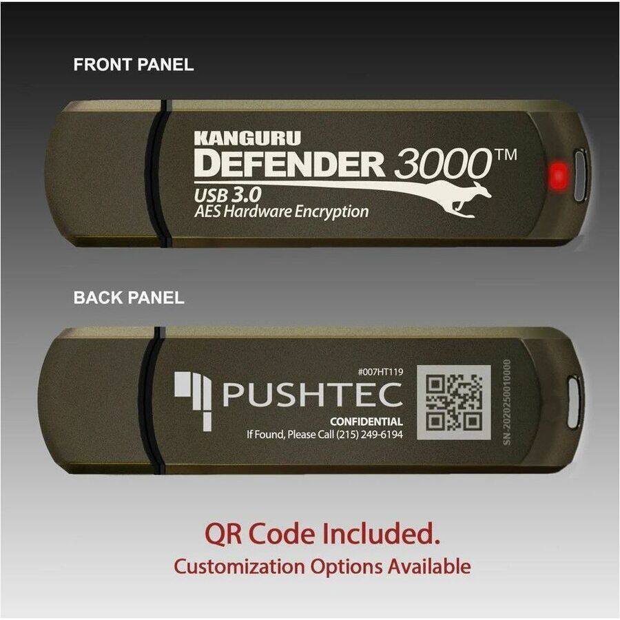 FRONT PANEL  
KANGURU DEFENDER 3000™  
USB 3.0  
AES Hardware Encryption  

BACK PANEL  
PUSHTEC  
#007HT119  
CONFIDENTIAL  
If Found, Please Call (215) 249-6194  
SN: 2020250010000  

QR Code Included.  
Customization Options Available