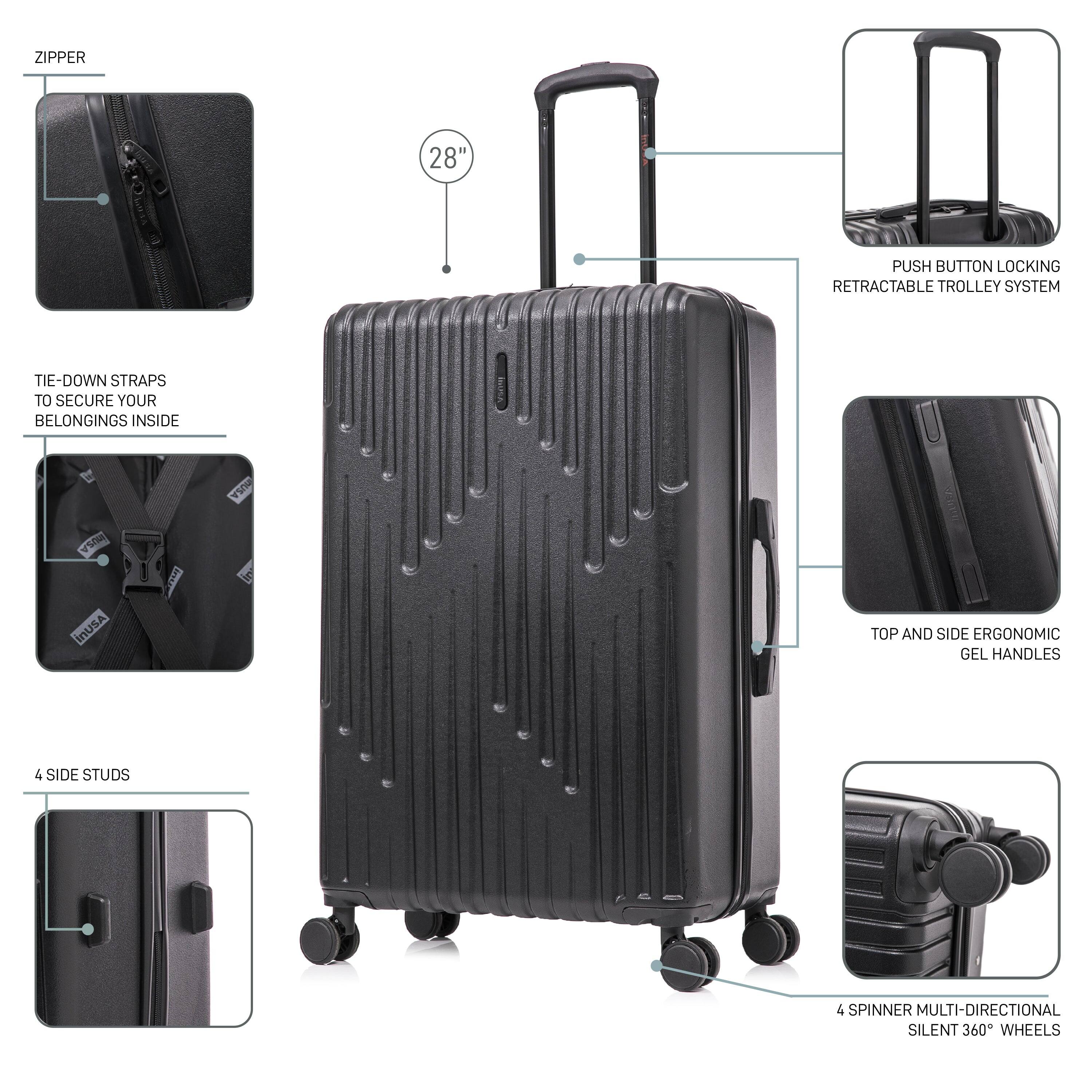ZIPPER  
28"  
PUSH BUTTON LOCKING RETRACTABLE TROLLEY SYSTEM  
TIE-DOWN STRAPS TO SECURE YOUR BELONGINGS INSIDE  
4 SIDE STUDS  
TOP AND SIDE ERGONOMIC GEL HANDLES  
4 SPINNER MULTI-DIRECTIONAL SILENT 360° WHEELS