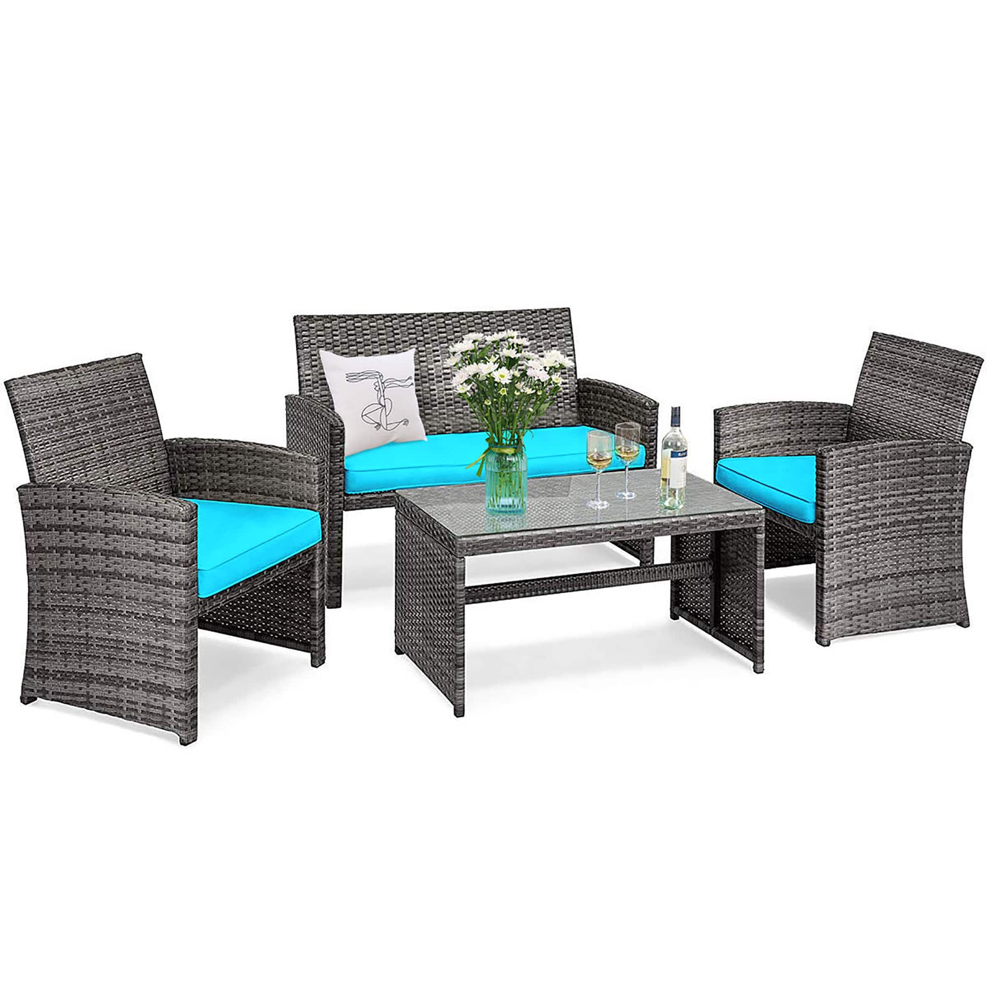 Front. Costway - Costway 4PCS Patio Rattan Furniture Set Conversation Glass Table Top Cushioned Sofa Outdoor - Turquoise.