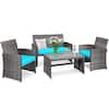 Front. Costway - Costway 4PCS Patio Rattan Furniture Set Conversation Glass Table Top Cushioned Sofa Outdoor - Turquoise.