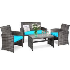 Front. Costway - Costway 8PCS Patio Rattan Furniture Set Glass Table Top Cushioned Sofa - Turquoise.