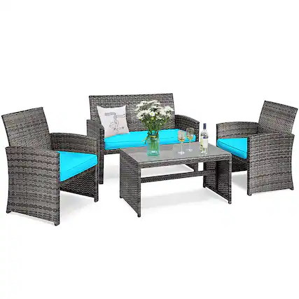 Front. Costway - Costway 4PCS Patio Rattan Furniture Set Conversation Glass Table Top Cushioned Sofa Outdoor - Turquoise.