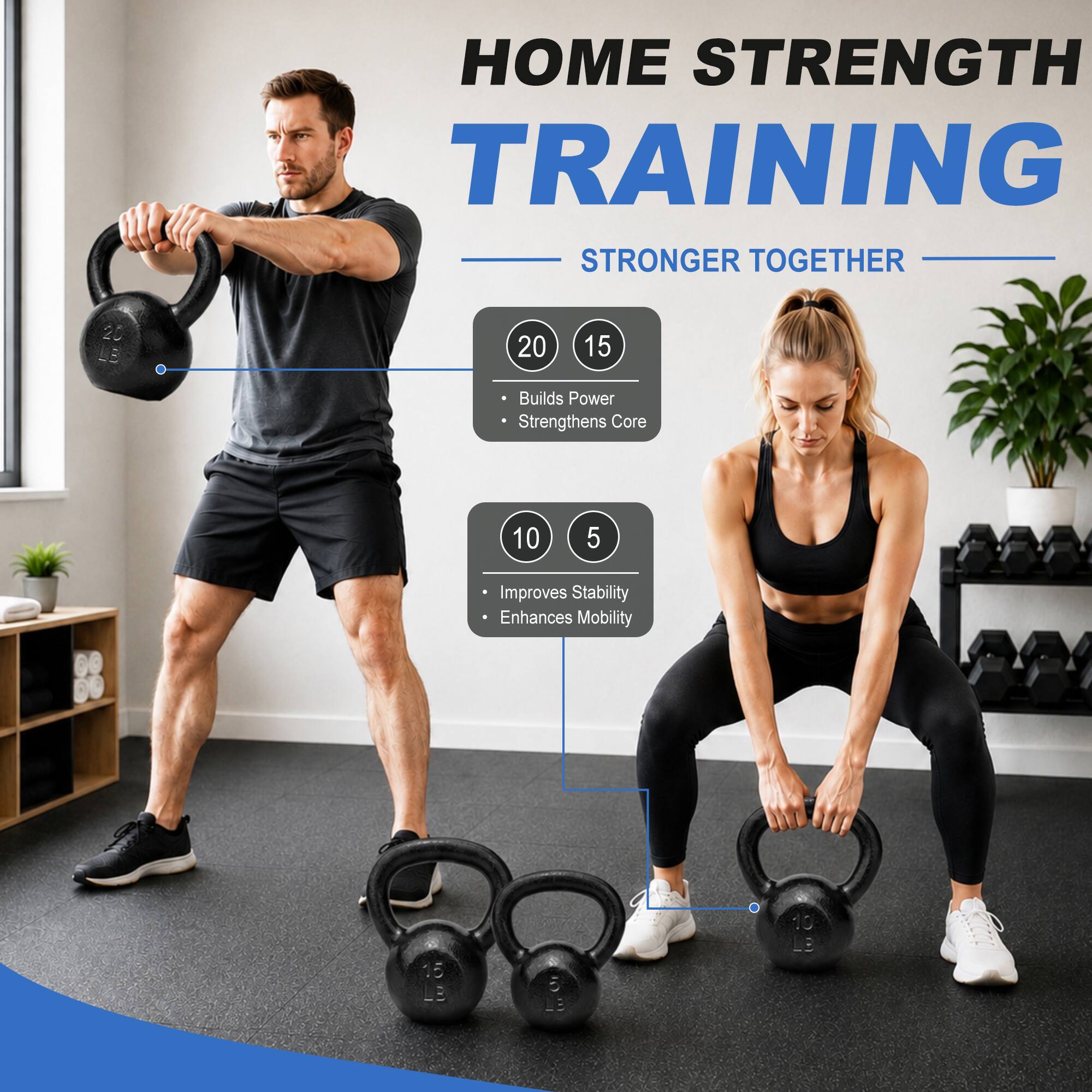 HOME STRENGTH TRAINING  
STRONGER TOGETHER

20  
15  
Builds Power  
Strengthens Core

10  
5  
Improves Stability  
Enhances Mobility