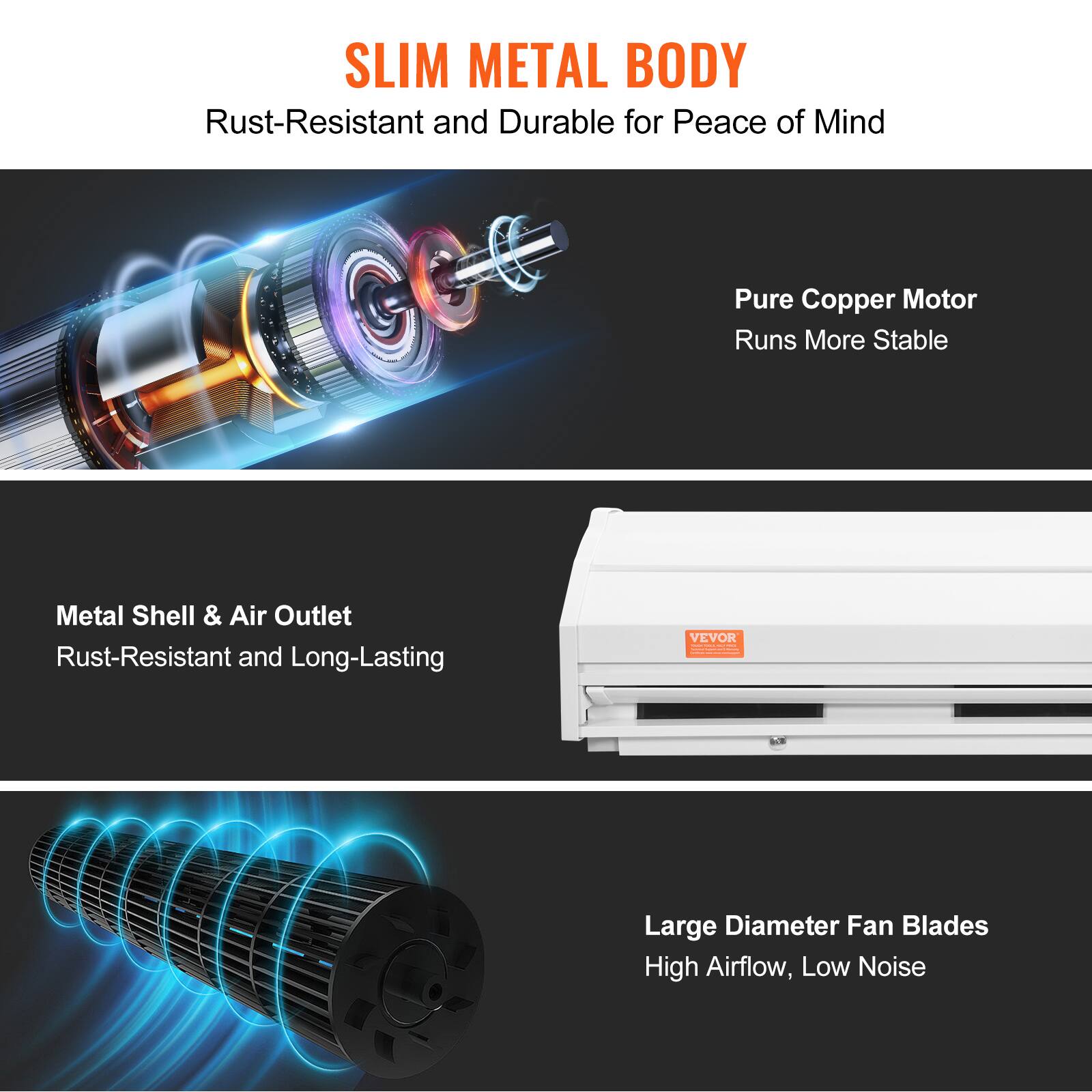 SLIM METAL BODY  
Rust-Resistant and Durable for Peace of Mind  

Pure Copper Motor  
Runs More Stable  

Metal Shell & Air Outlet  
Rust-Resistant and Long-Lasting  

Large Diameter Fan Blades  
High Airflow, Low Noise