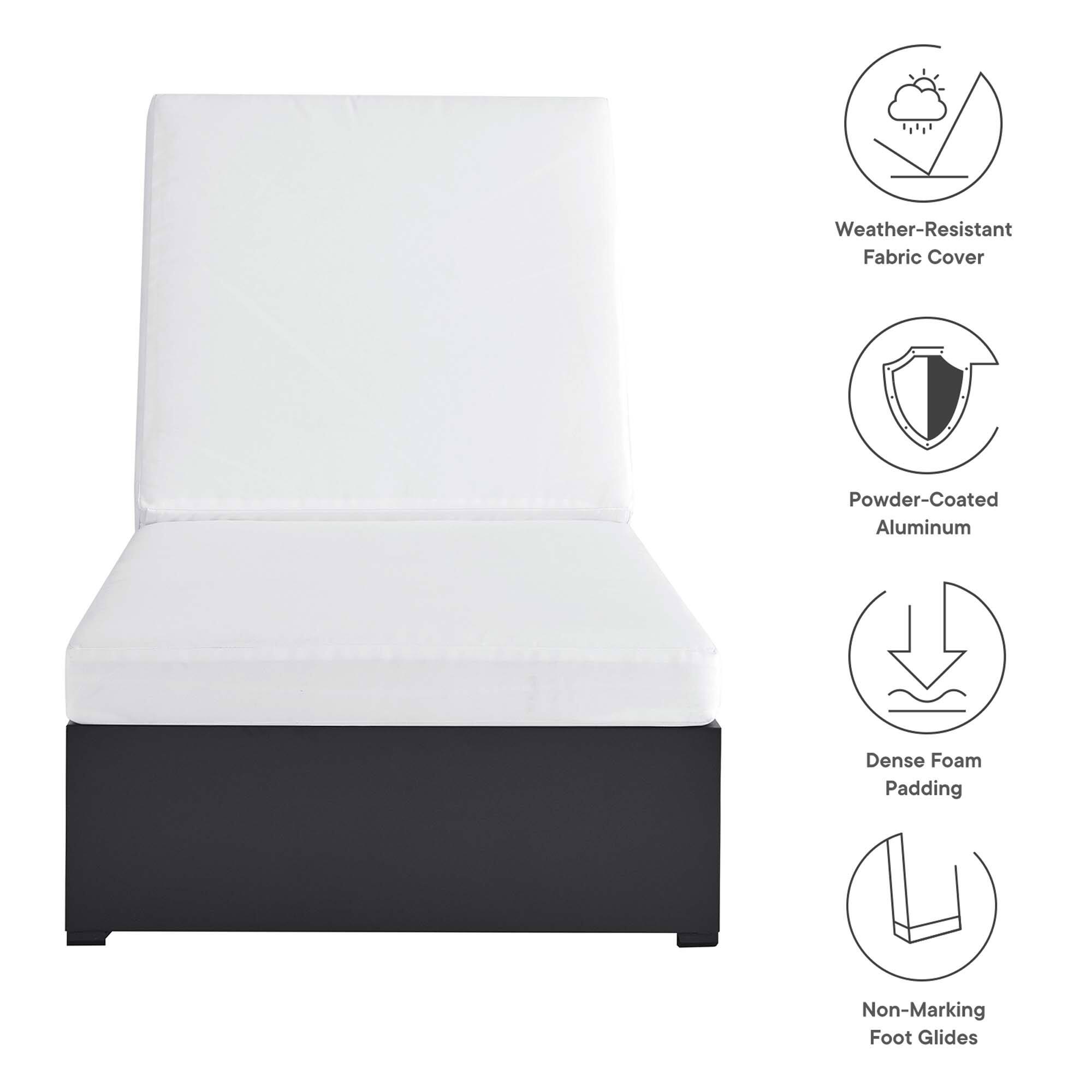 - Weather-Resistant Fabric Cover
- Powder-Coated Aluminum
- Dense Foam Padding
- Non-Marking Foot Glides