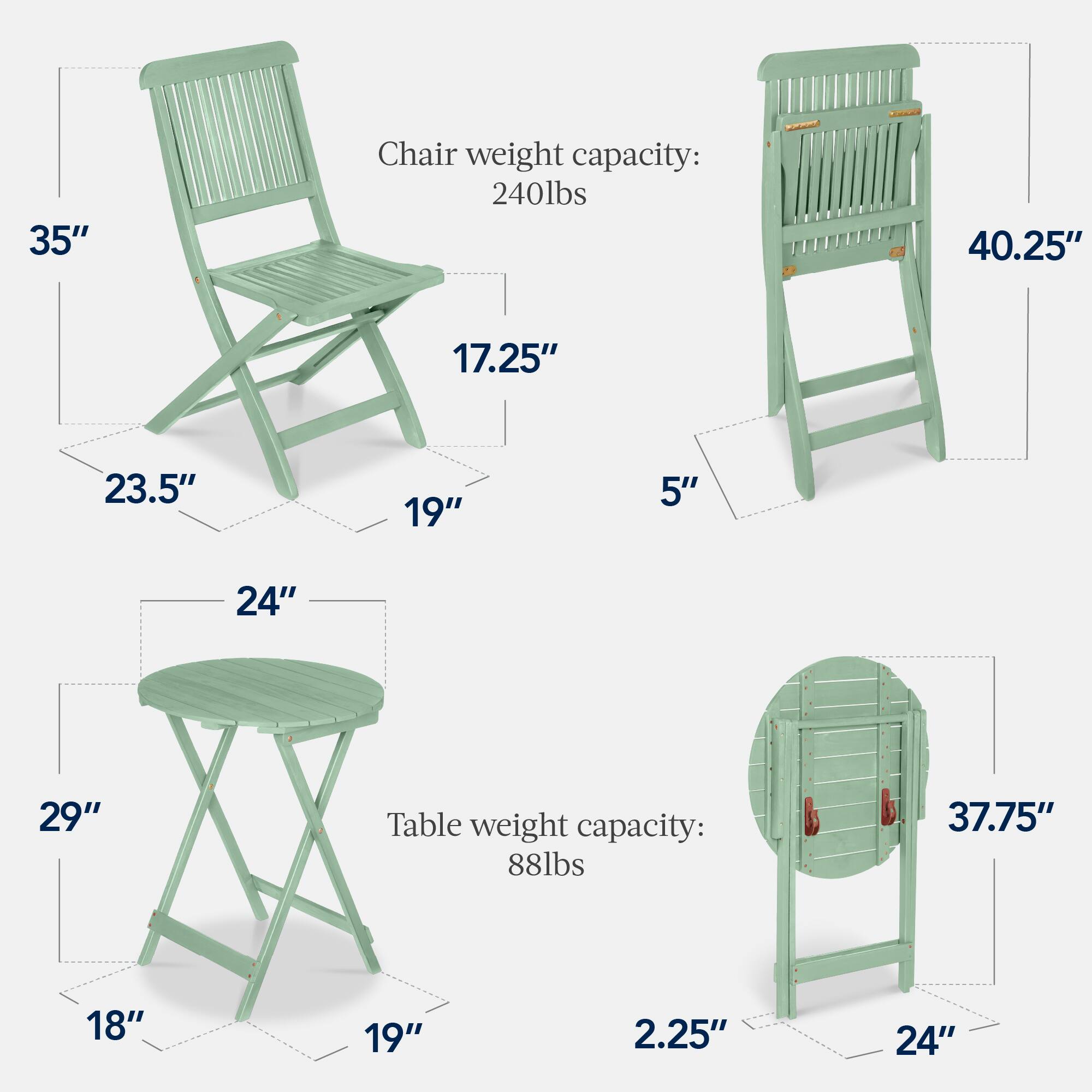 Chair weight capacity: 240lbs  
35"  
17.25"  
23.5"  
19"  
5"  
40.25"  

Table weight capacity: 88lbs  
24"  
29"  
18"  
19"  
37.75"  
2.25"  
24"