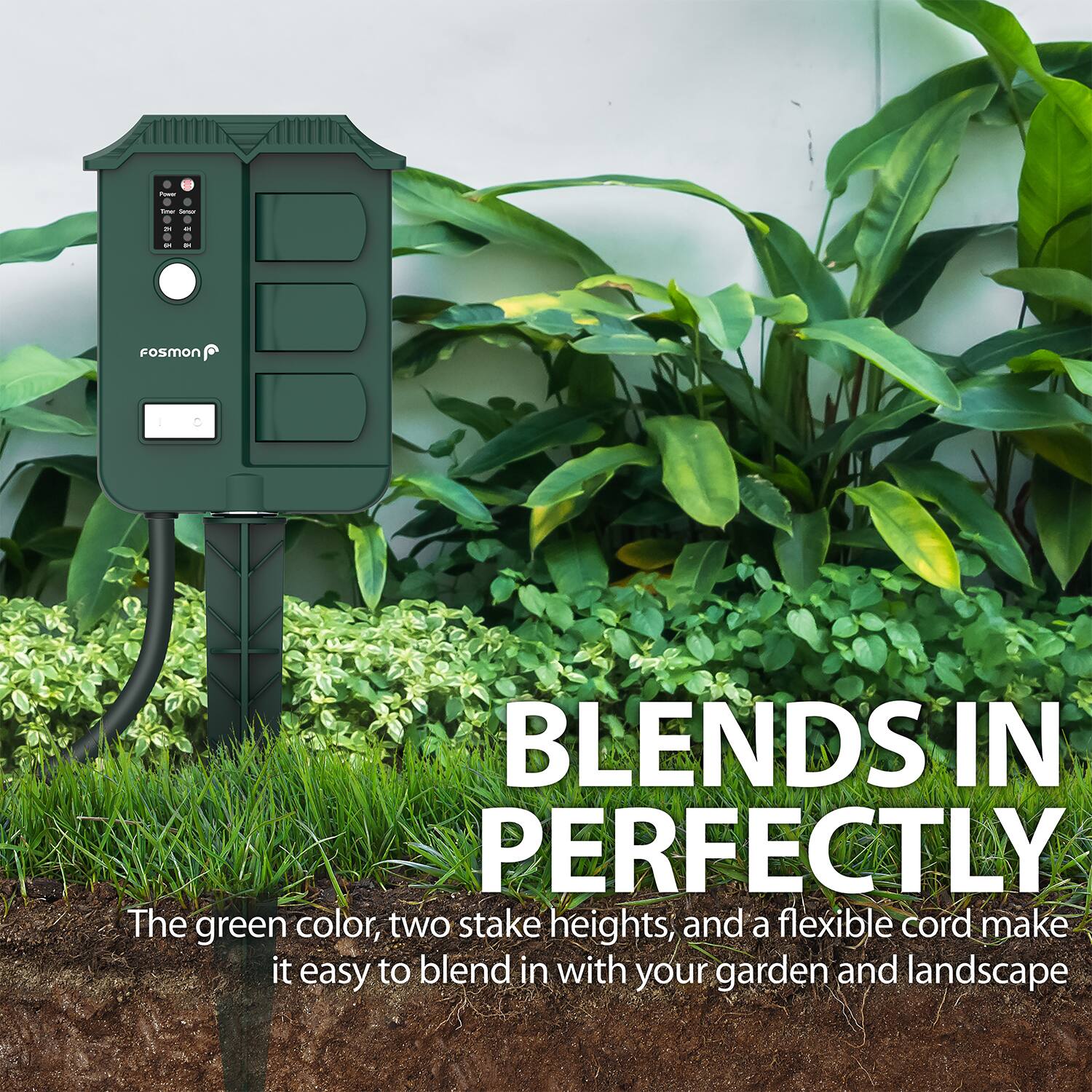 - Fosmon BLENDS IN PERFECTLY  
The green color, two stake heights, and a flexible cord make it easy to blend in with your garden and landscape