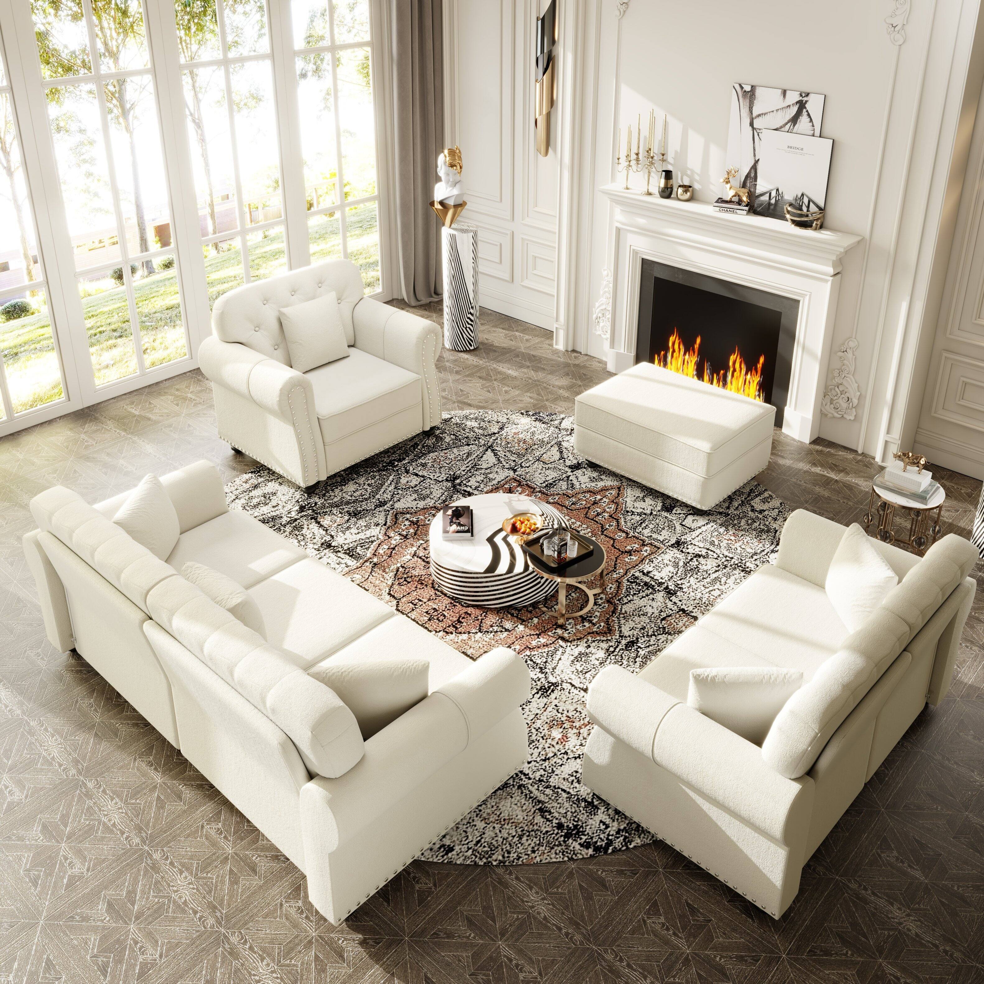 Left. Anysun - 6-Seat Velvet Chesterfield Sofa Set (1+2+3) w/ Nailhead, Rolled Armrests, Button Tufted, 1 Ottoman, Mid-Century - White.