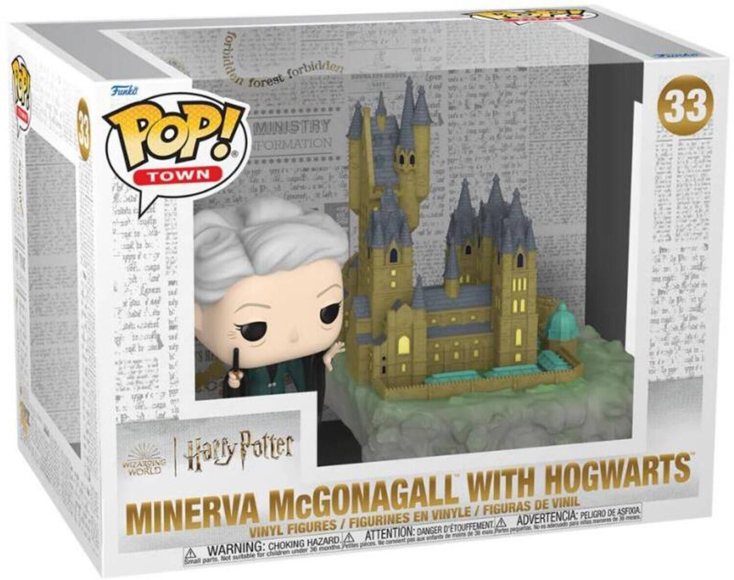 The text on the image is:

"1 forbiddes forest forbidden Funko 1 POP! MINISTRY FORMATION TOWN 33 WIZARDING Harry Potter WORLD HOGWARTS McGONAGALL WITH VINIL FIGURAS DE MINERVA EN VINYLE / PELIGRO DE ASFIXIA FIGURES / FIGURINES EN VINYLE ATTENTION: DANGER CHOKING HAZARD WARNING: suitable for children 36 parts Not Suitable"

Corrected and grouped text:

"Funko POP! Town 33 - Harry Potter World: Minerva McGonagall with Hogwarts. Vinyl Figures / Figurines en Vinyle / Figuras de Vinil. Warning: Choking Hazard - Peligro de Asfixia - Attention: Danger d'Étouffement. Not suitable for children under 3 years. 36 parts."