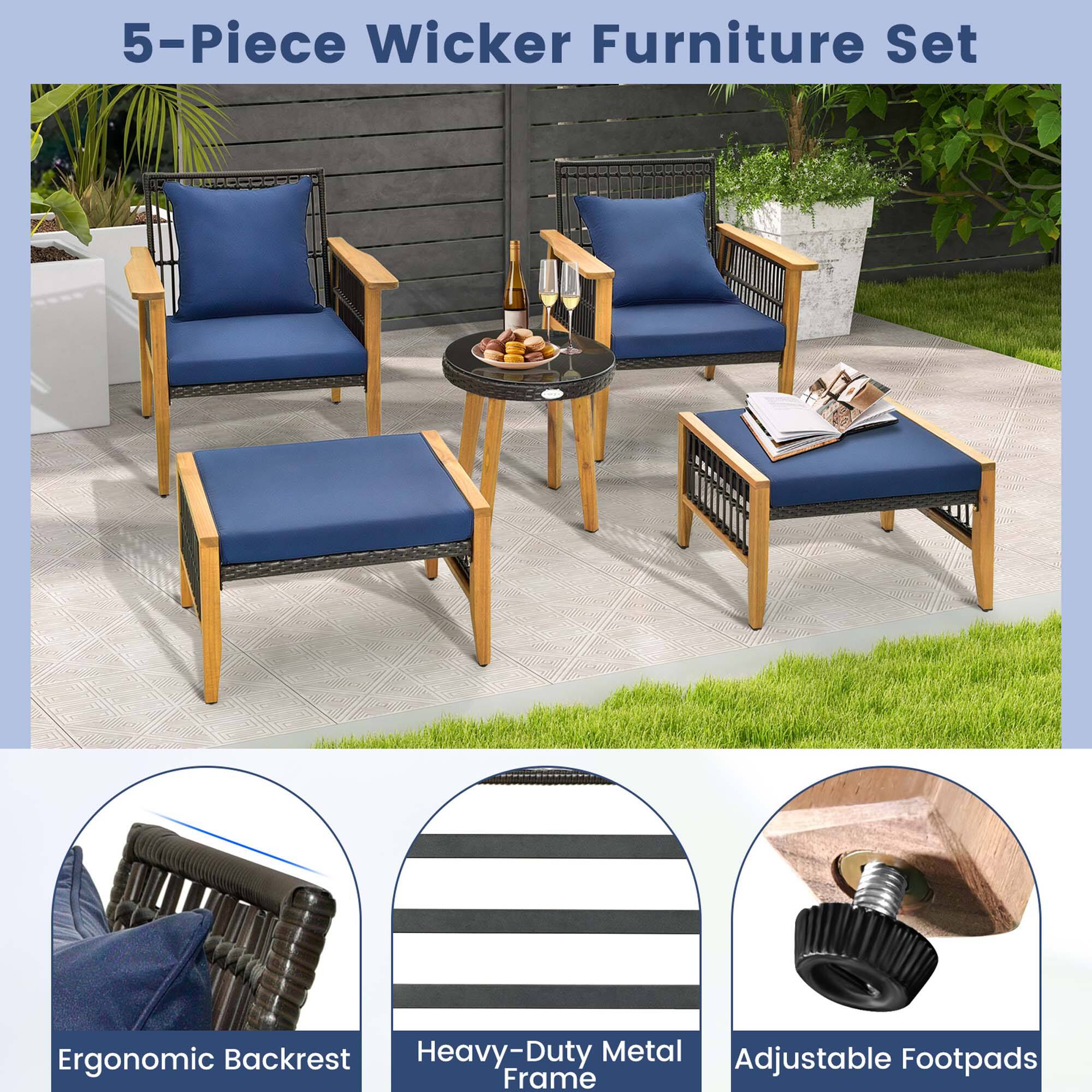 5-Piece Wicker Furniture Set: Ergonomic Backrest, Heavy-Duty Metal, Adjustable Footpads, Frame.