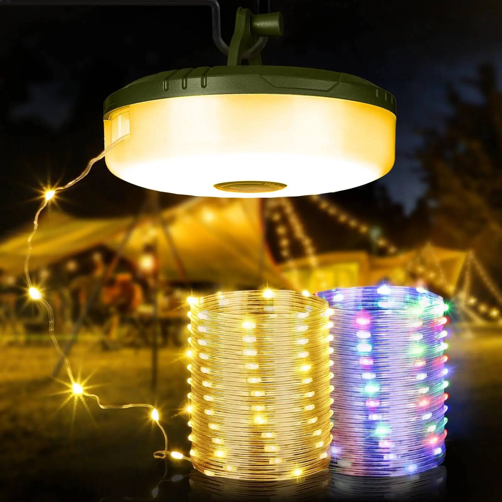 Left. PRIMEPLUS - Rechargeable Camping Lantern with 32.8ft String Lights and Hand Crank - 1 Pack.