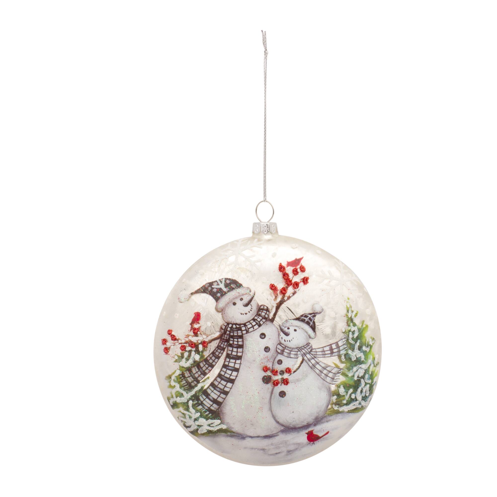 Angle. BreeBe - Whimsical Snowman Disc Ornament with Snowy Cardinal Scene (Set of 6) - White, Green.
