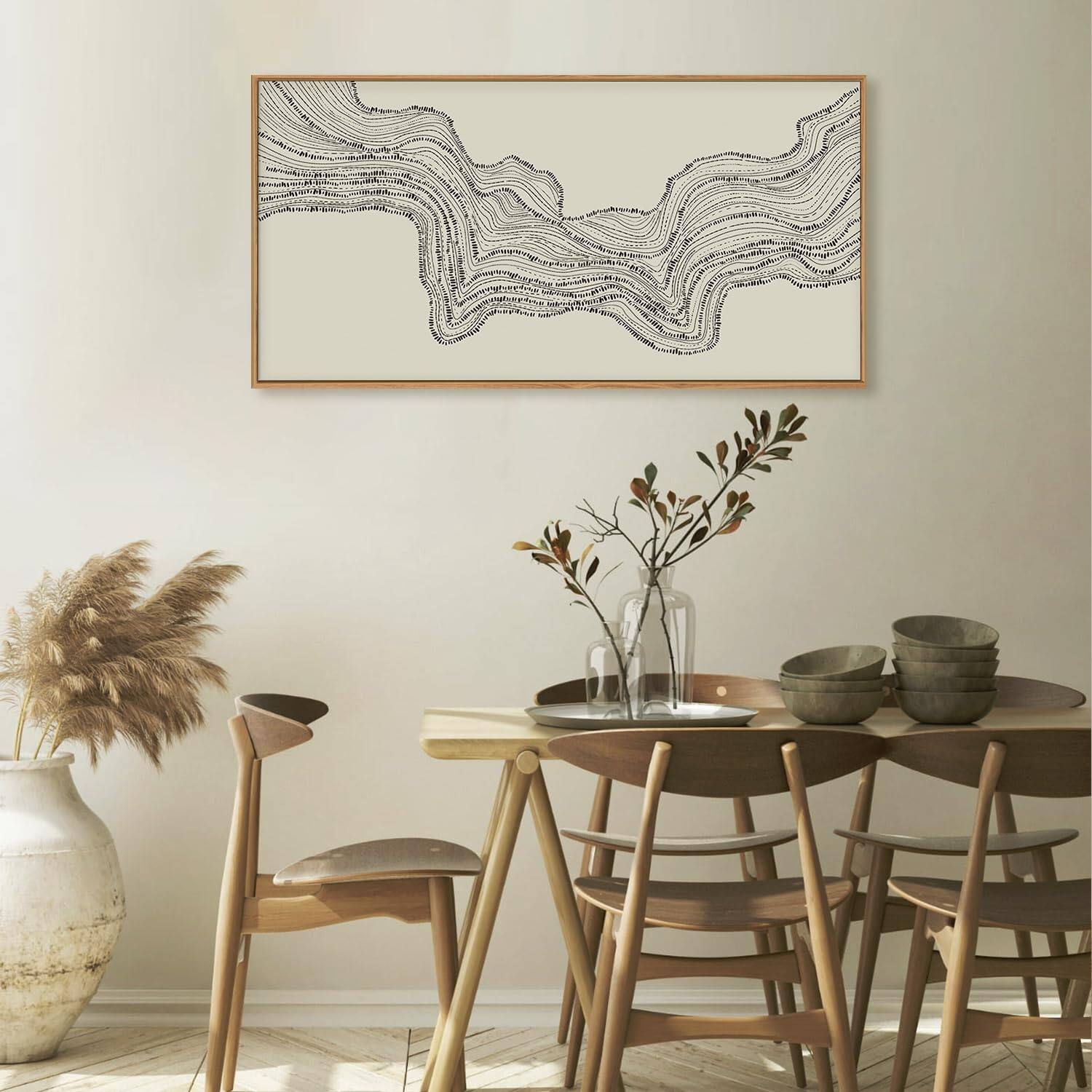 Alt View 4. Hirose Alice - HLNIUC Neutral Abstract Framed Canvas Wall Art Set Black Beige Wave Line Wall Decor Large Minimalist Painting - Dark Blue 16"L x 24"W.