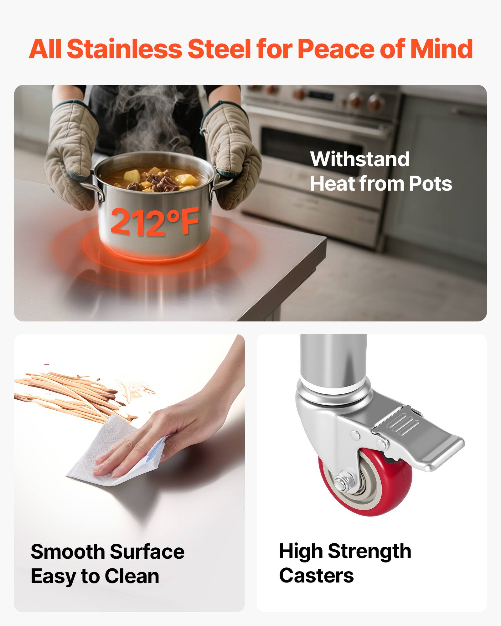 All Stainless Steel for Peace of Mind

- Withstand Heat from Pots
- 212°F
- Smooth Surface Easy to Clean
- High Strength Casters