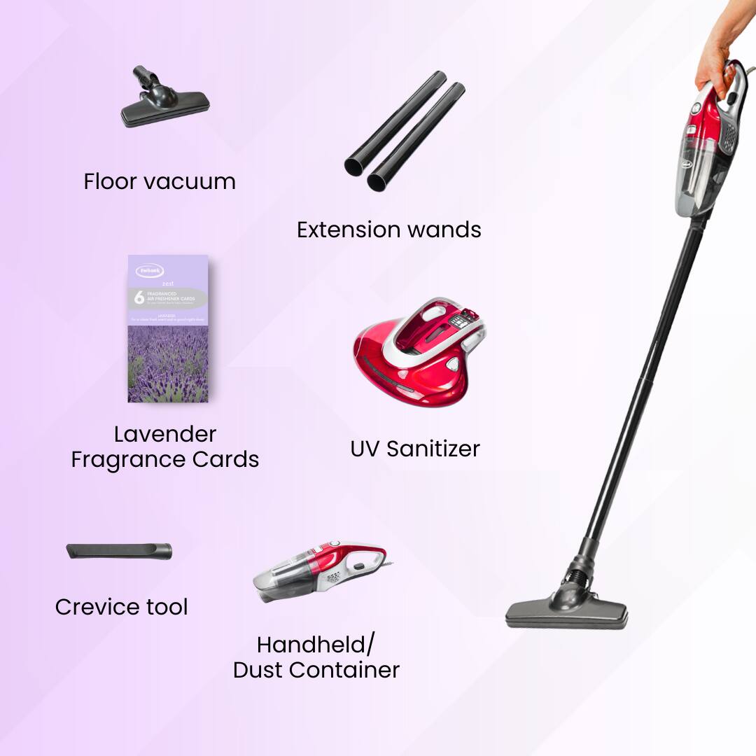 Floor vacuum, Extension wands, Lavender Fragrance Cards, UV Sanitizer, Crevice tool, Handheld/Dust Container