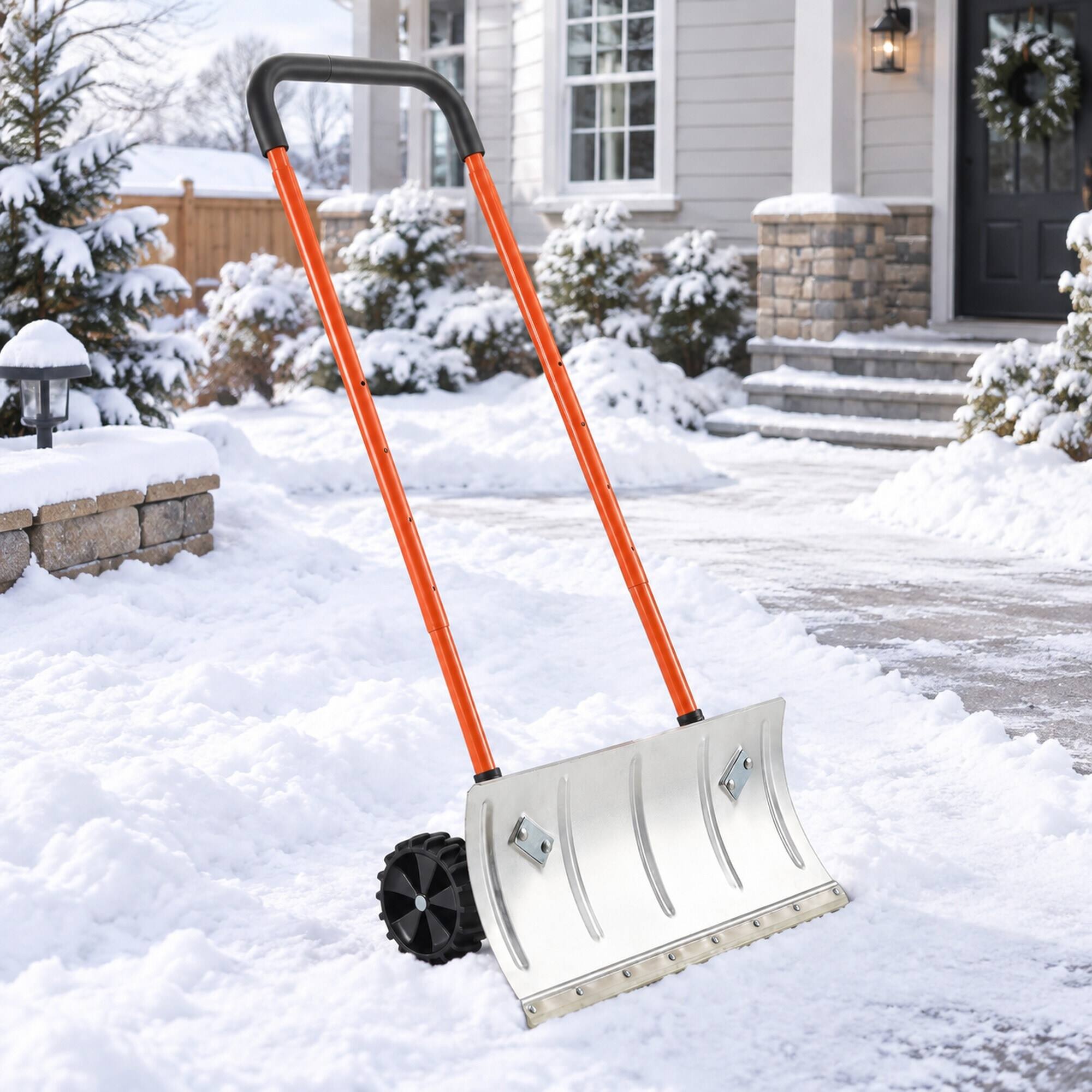 Alt View 1. RYHNUYNE - 24 in Snow Pusher Shovel, Metal Snow Plow, Adjustable Handle, Anti-Slip Wheels, Driveway Clearing - Gray.
