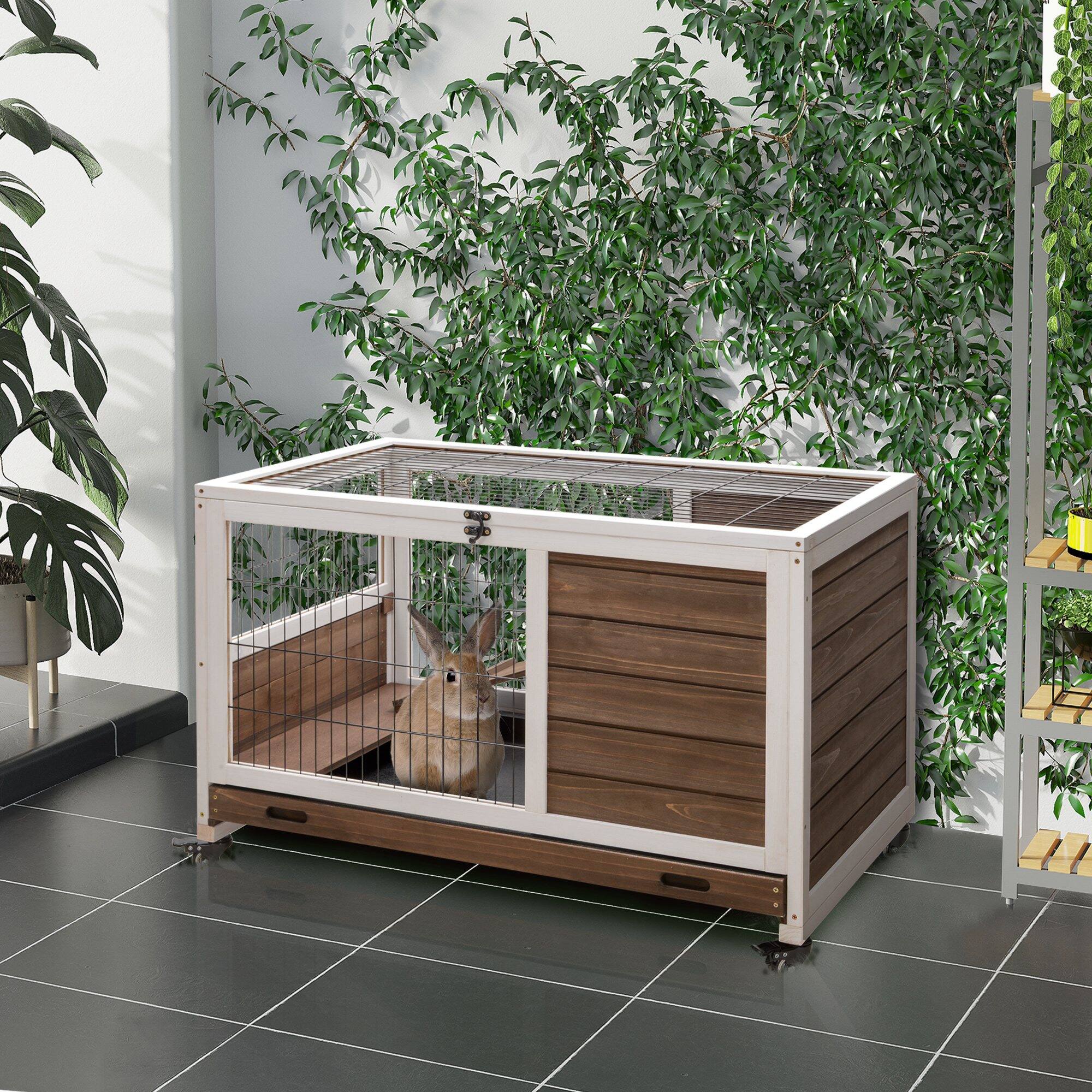 Angle. Pawhut - Wooden Rabbit Hutch Indoor Outdoor, Elevated Bunny Cage with No Leak Tray, Enclosed Run with Wheels, Guinea Pigs.