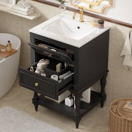 Whisen - 20 Inch Retro Bathroom Vanity with Ceramic Sink 2-Drawer Storage Cabinet and Open Shelf for Home - Black