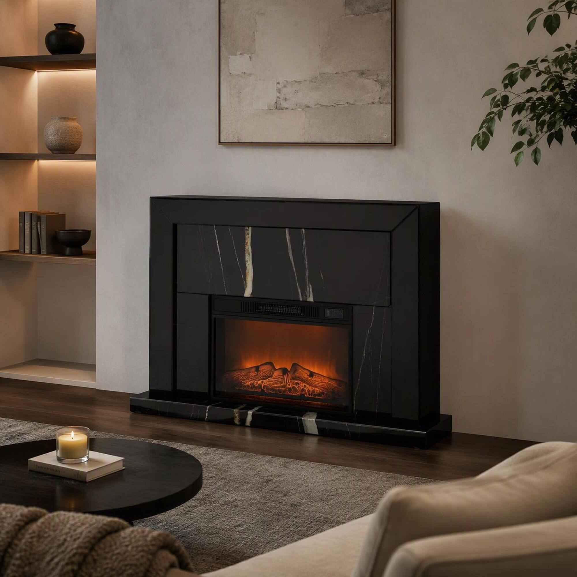 Angle. RYHNUYNE - Black Mirrored Finish Freestanding Fireplace, Sleek Modern Realistic Flame For Living Room Bedroom Home Decor - Black.