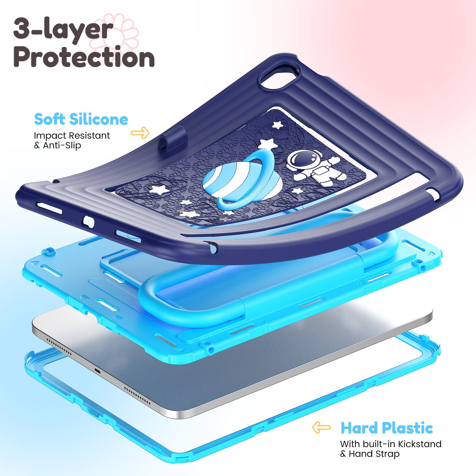 3-layer Protection Soft Silicone Impact Resistant & Anti-Slip

Hard Plastic With built-in Kickstand & Hand Strap