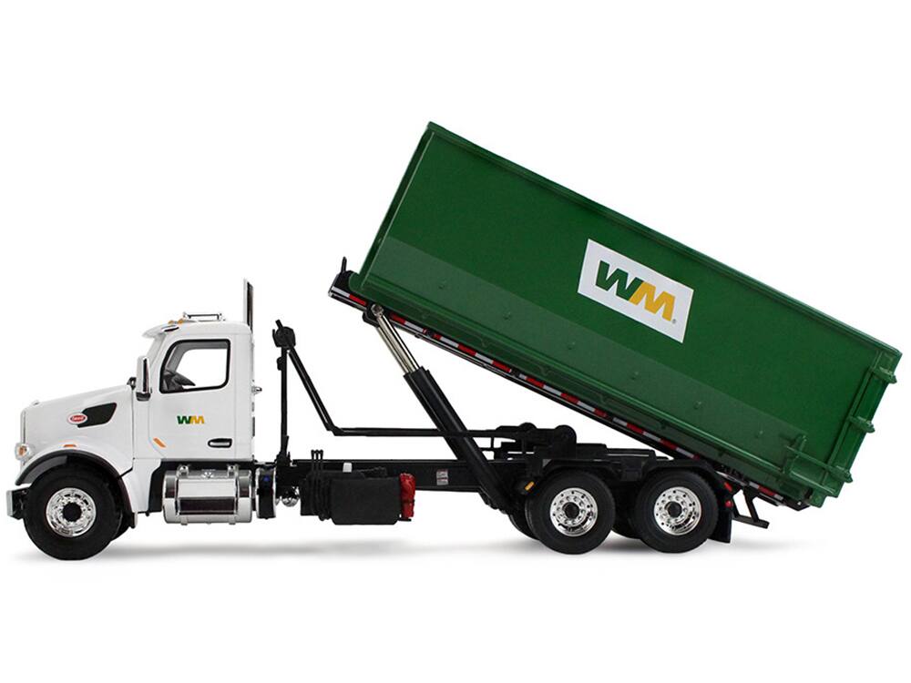 Alt View 2. First Gear - Peterbilt 567 Refuse Garbage Truck with 40 Yard Roll-Off Container White and Green 1/34 Diecast Model by First Gear.