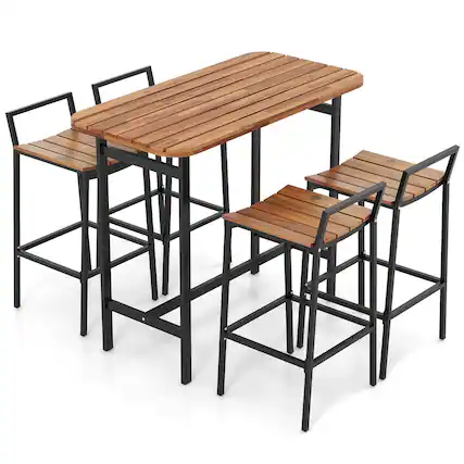 Front. Costway - Costway 5 PCS Acacia Wood Bar Table Set Outdoor Bar Height Table & Chairs with Metal Frame - Natural + Black.