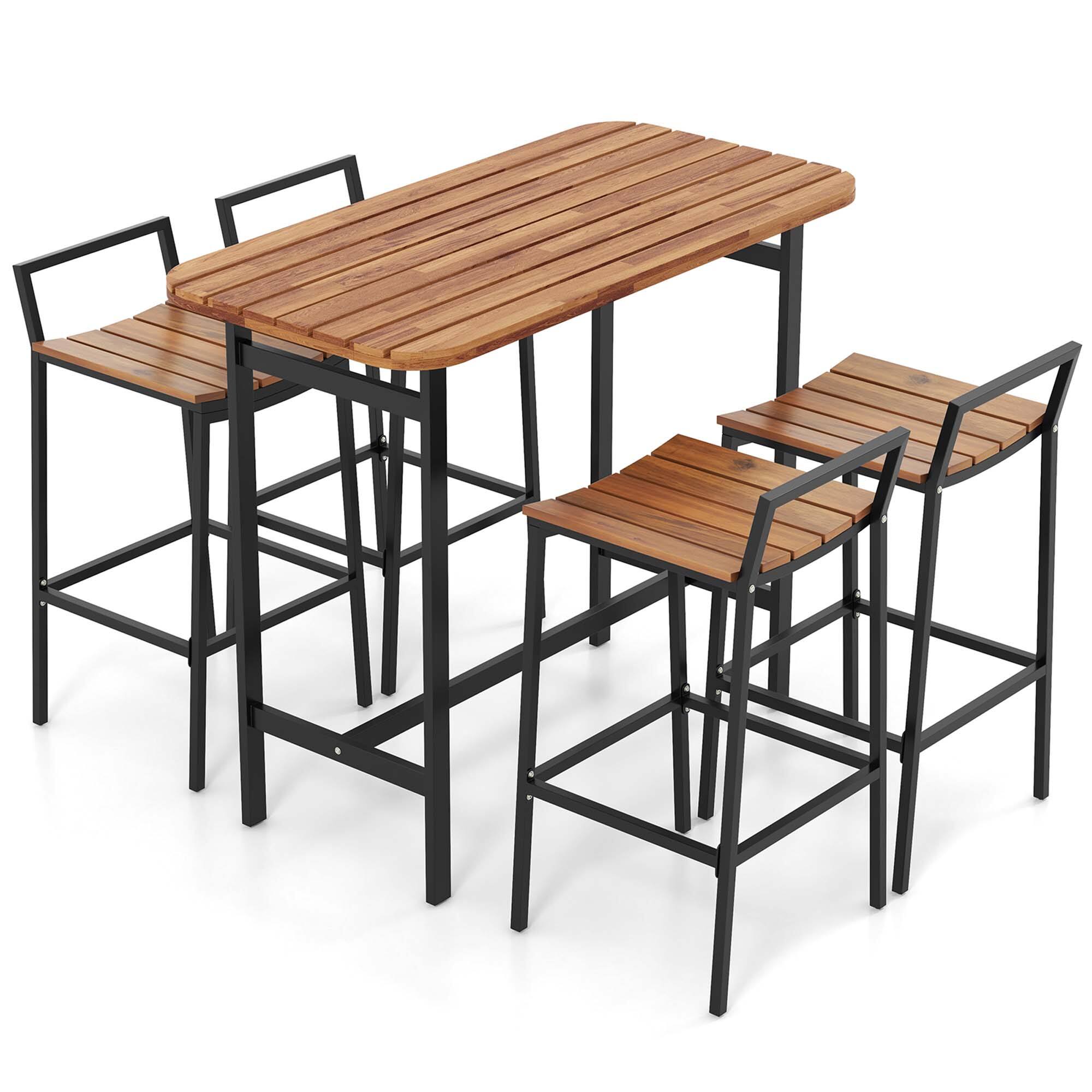 Front. Costway - Costway 5 PCS Acacia Wood Bar Table Set Outdoor Bar Height Table & Chairs with Metal Frame - Natural + Black.