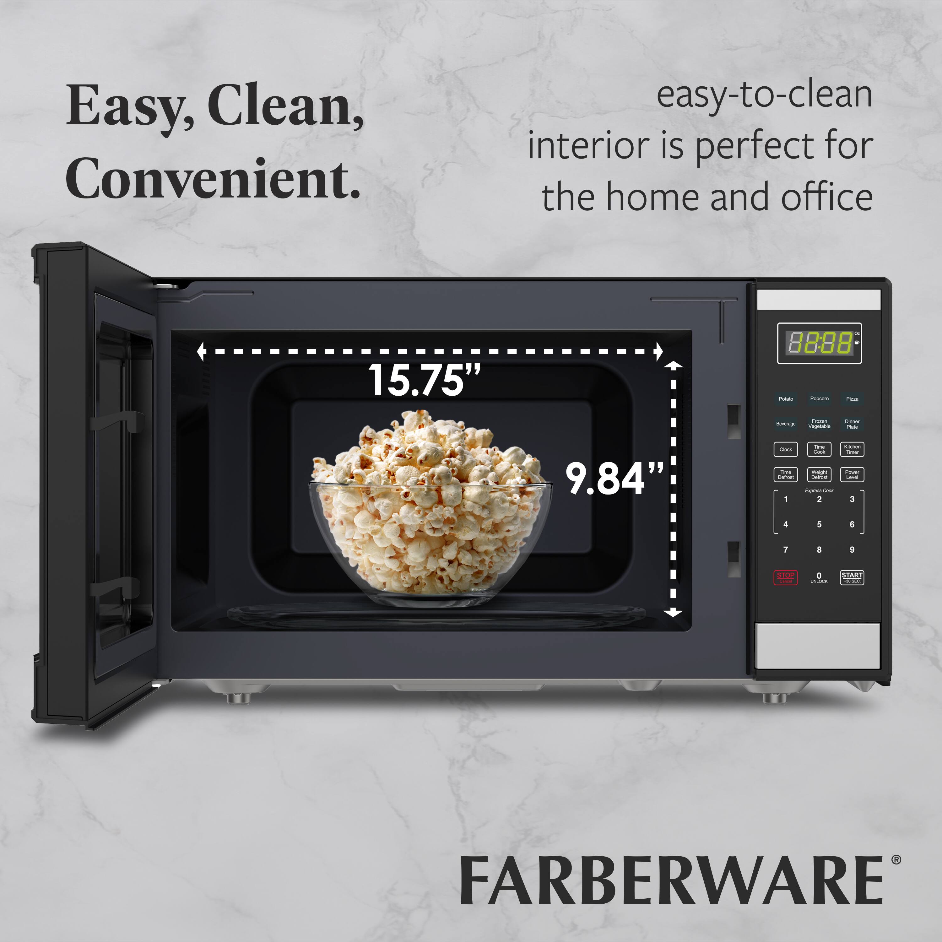 Easy, Clean, Convenient.  
Easy-to-clean interior is perfect for the home and office.  
15.75" x 9.84"  
FARBERWARE