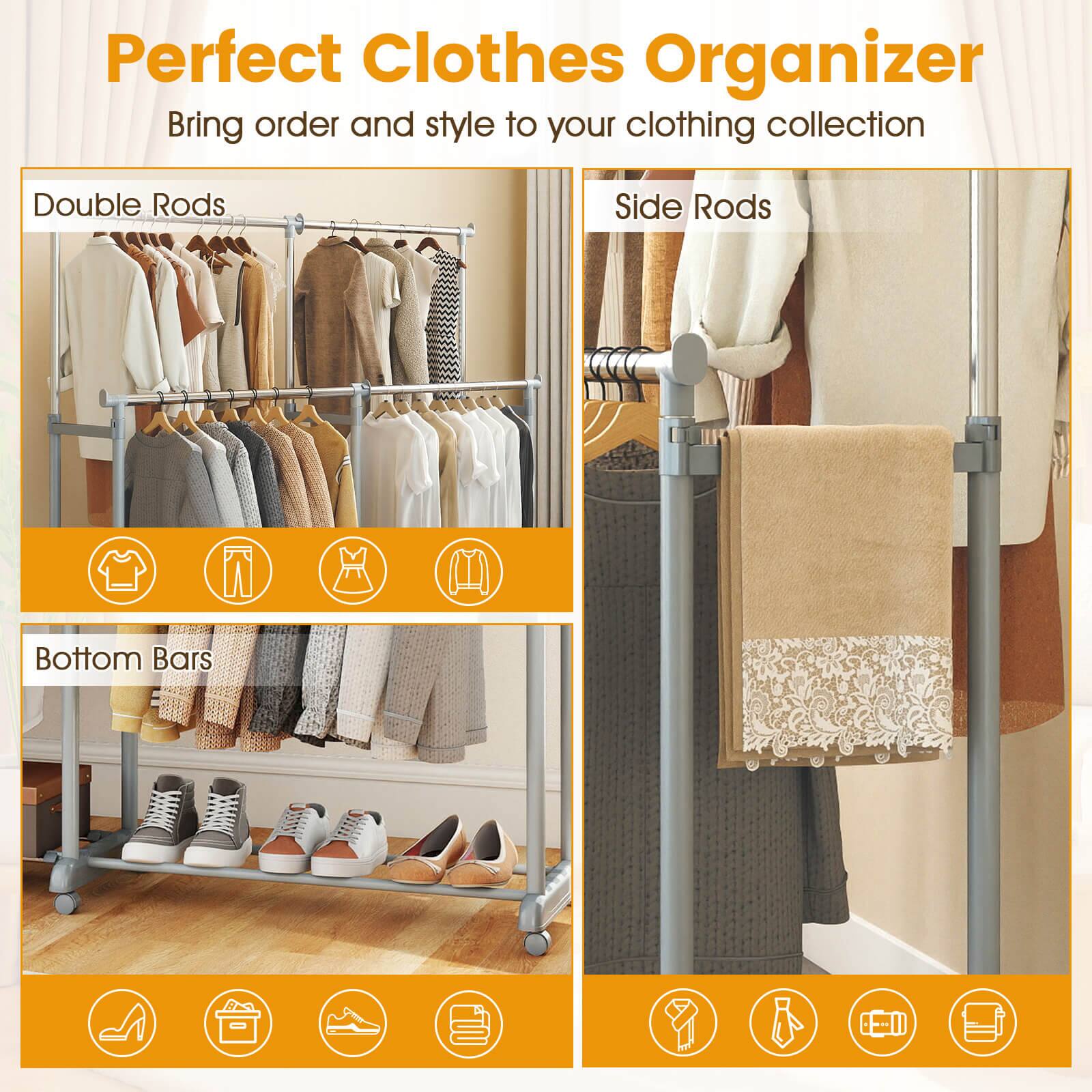 Perfect Clothes Organizer  
Bring order and style to your clothing collection  

Double Rods  
Side Rods  
Bottom Bars