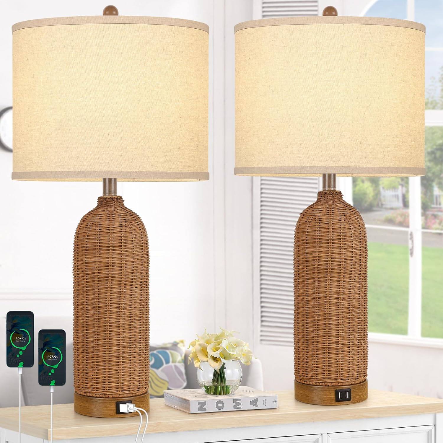 Nordic Hygge - Set of 2 Rattan Table Lamps with 2 USB Ports, 29'' Tall Farmhouse Lamp - Neutral