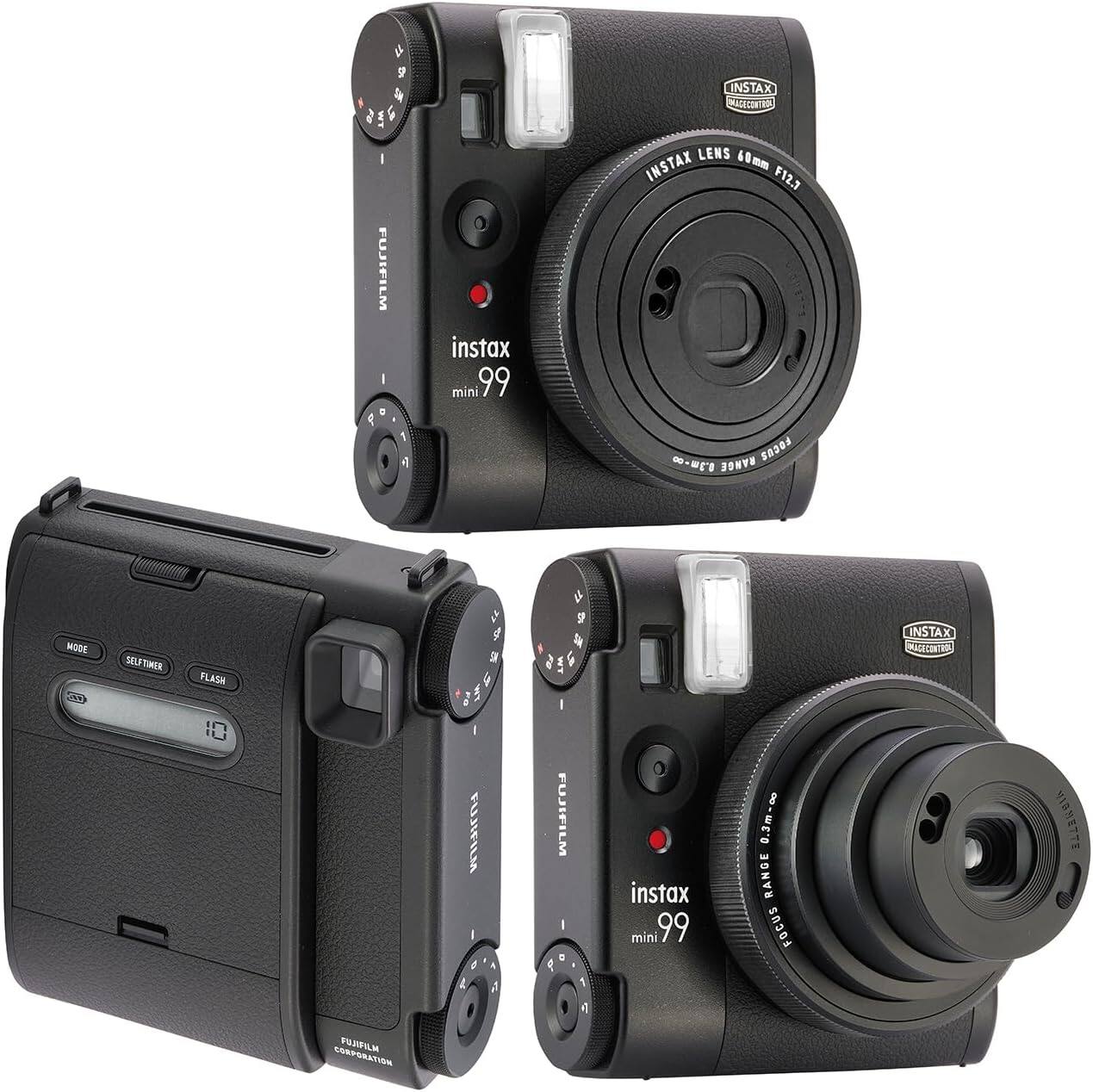 Sure, here is the corrected and grouped text from the image:

---

**Front of the Camera:**

- FUJIFILM
- instax mini 99
- INSTAX LENS 60 mm F12.2
- 0.3m-∞ RANGE FOCUS
- INSTAX CORPORATION

**Top of the Camera:**

- FUJIFILM
- INSTAX CORPORATION

**Side of the Camera:**

- MODE
- SELF-TIMER
- FLASH
- 10 (LED display)

**Lens:**

- INSTAX LENS 60 mm F12.2
- 0.3m-∞ RANGE FOCUS

**Additional Text:**

- FUJIFILM CORPORATION

---